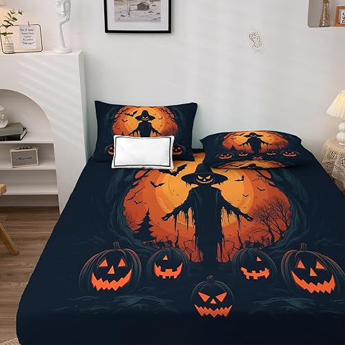 Miniatura 3 de Juego de sábanas de Halloween tamaño individual, sábanas espeluznantes de calabaza murciélago espantapájaros para niños y niñas, juego de sábanas