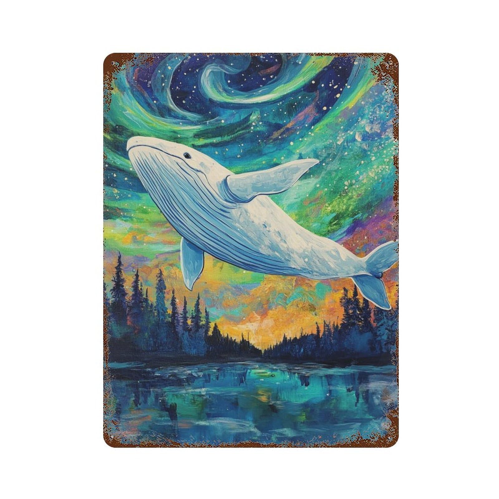 Aged Metal Wall Plaque with Whale Aurora Reflection Painting Design 15.7"x11.8", for Shed, Workshop And Garage Wall Decor, Decorative Metal Wall Art