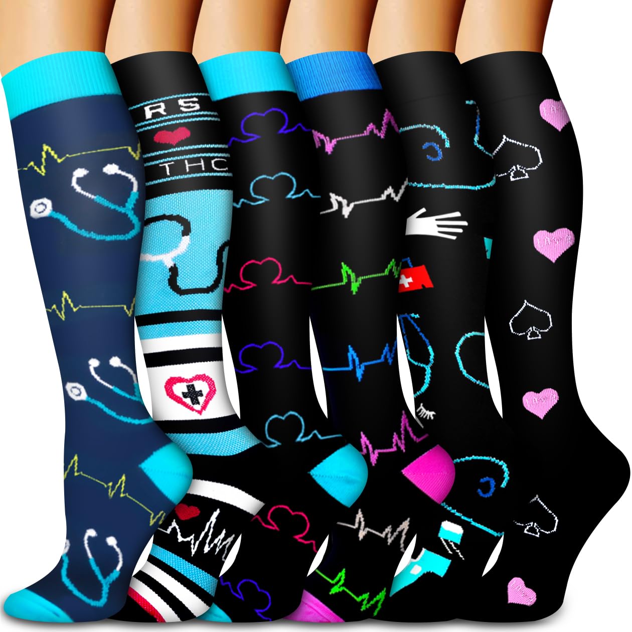 Calcetines de compresión para mujeres y hombres, 6 pares de 15-20 mmHg, ideal para la circulación, ideal para atletas, corredores y enfermeras.