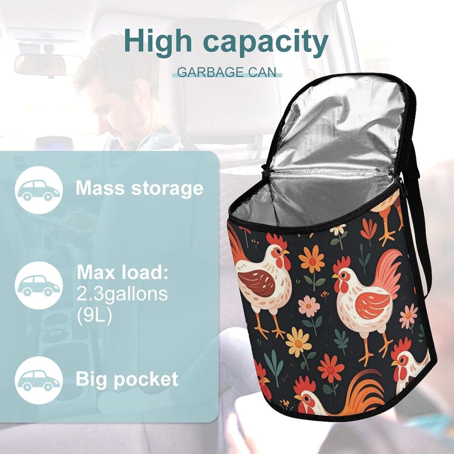 MUSM Leakproof Car Trash Can 2.5 Gallon, Durable Automotive Garbage Bag with Waterproof Liner, Cute Rooster Chickens Trash Bag for Car, Truck, RV & Bathroom