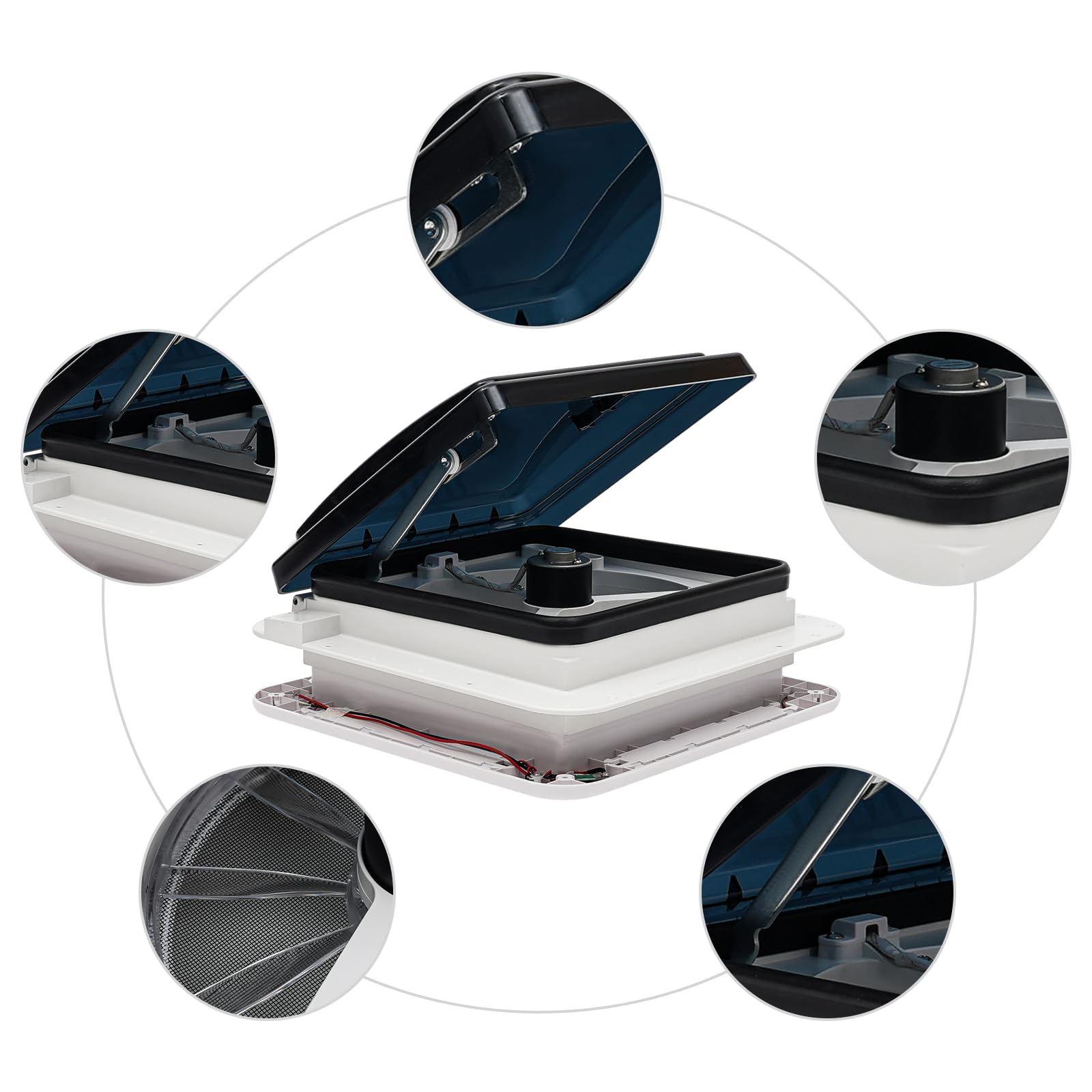 Ventilador para vehículos recreativos, ventilación para autocaravanas, ventilador de techo, LED integrado, resistente al agua IP68, 12V, 10 aspas reversibles, iluminación interior, protección contra