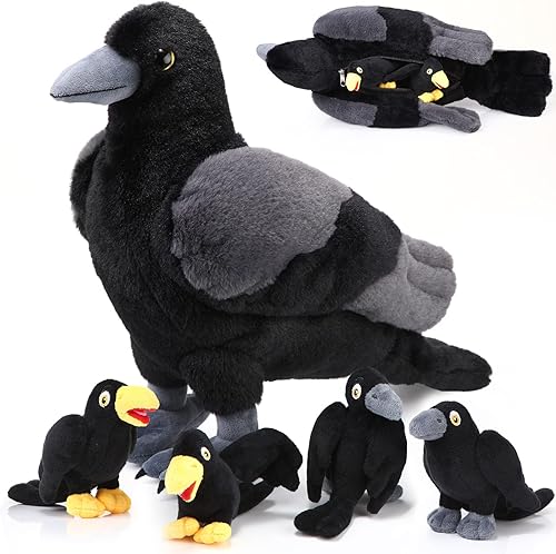 HyDren Juego de 5 juguetes de peluche de cuervo, suave, esponjoso y realista, animal de peluche grande y 4 pequeños cuervos negros para decoración y