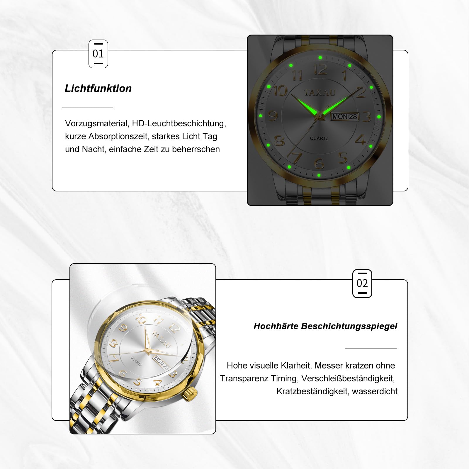 Taxau Herren Armbanduhr Quarz Analog Klassische Herrenuhr mit Edelstahlarmband und Datumsanzeige,30M Wasserdicht Elegante Business Uhr für Büro,Freizeit,Geschenk für Männer
