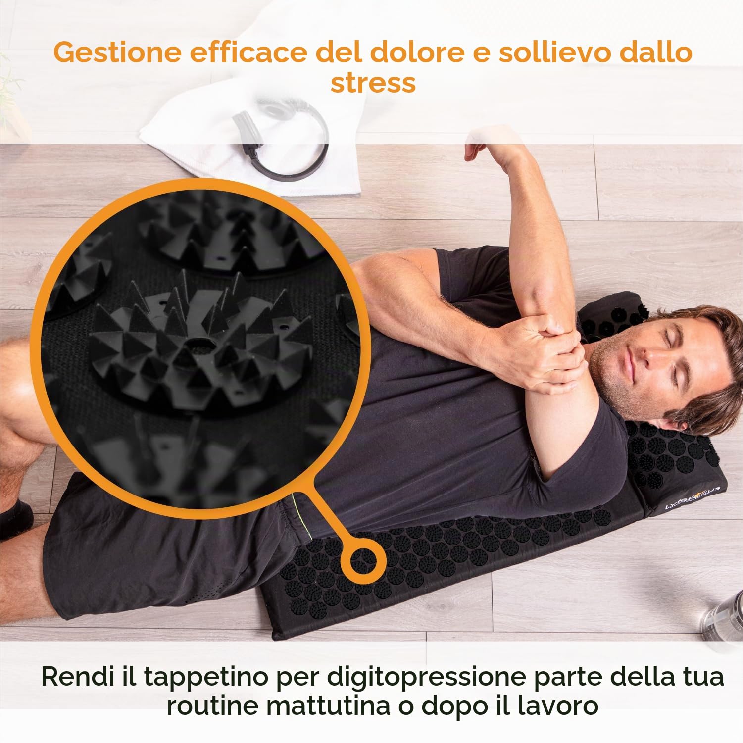 LyfeFocus Set di tappetino e cuscino per agopressione con borsa da viaggio, tappetino imbottito per agopuntura per massaggio a schiena, collo e spalle, allevia la tensione muscolare e lo stress (nero