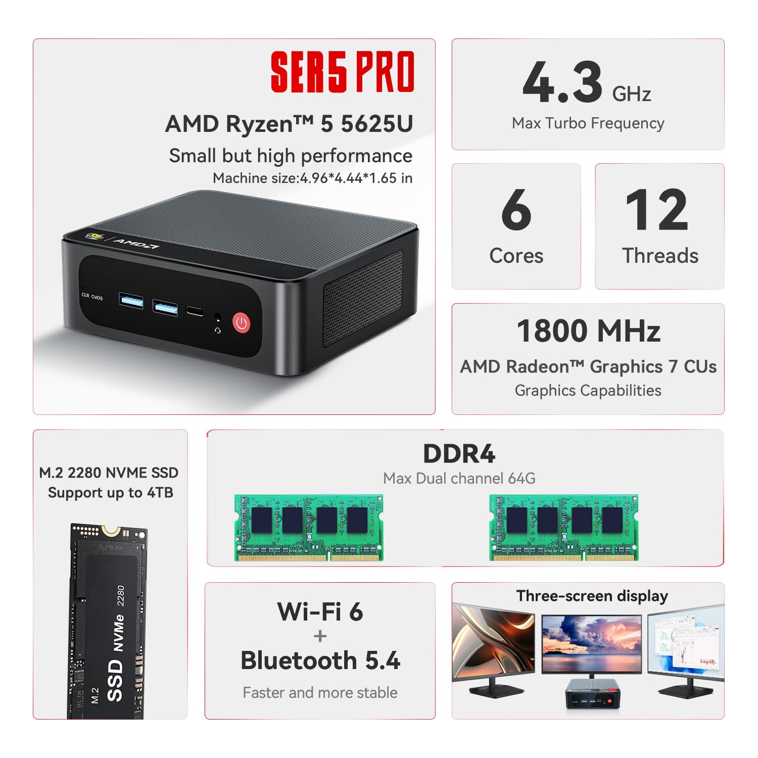 Mini PC Beelink AMD Ryzen 5 5500U (até 4.0 GHz) 7 nm, 6N/12T, RAM DDR4