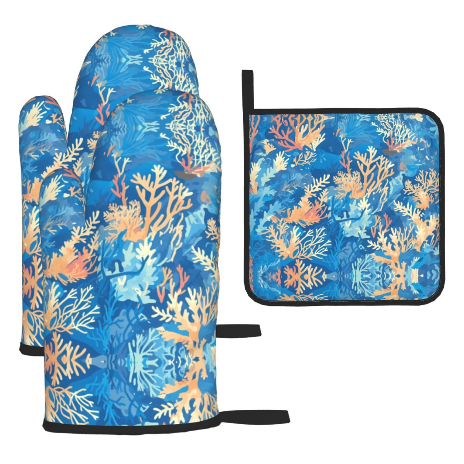 Underwater corals Printed Oven Mitt Set 3-Piece | Heat Resistant Gloves & Pot Holder Mat for Cooking, Baking & BBQ