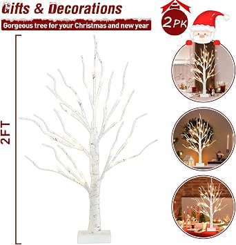 PEIDUO Home Decor, 2FT Birch Tree with LED Lights, Warm White Light up Tree Lamp, Artificial Trees for Home Table Inside, Battery Powered, Timer (2PK)