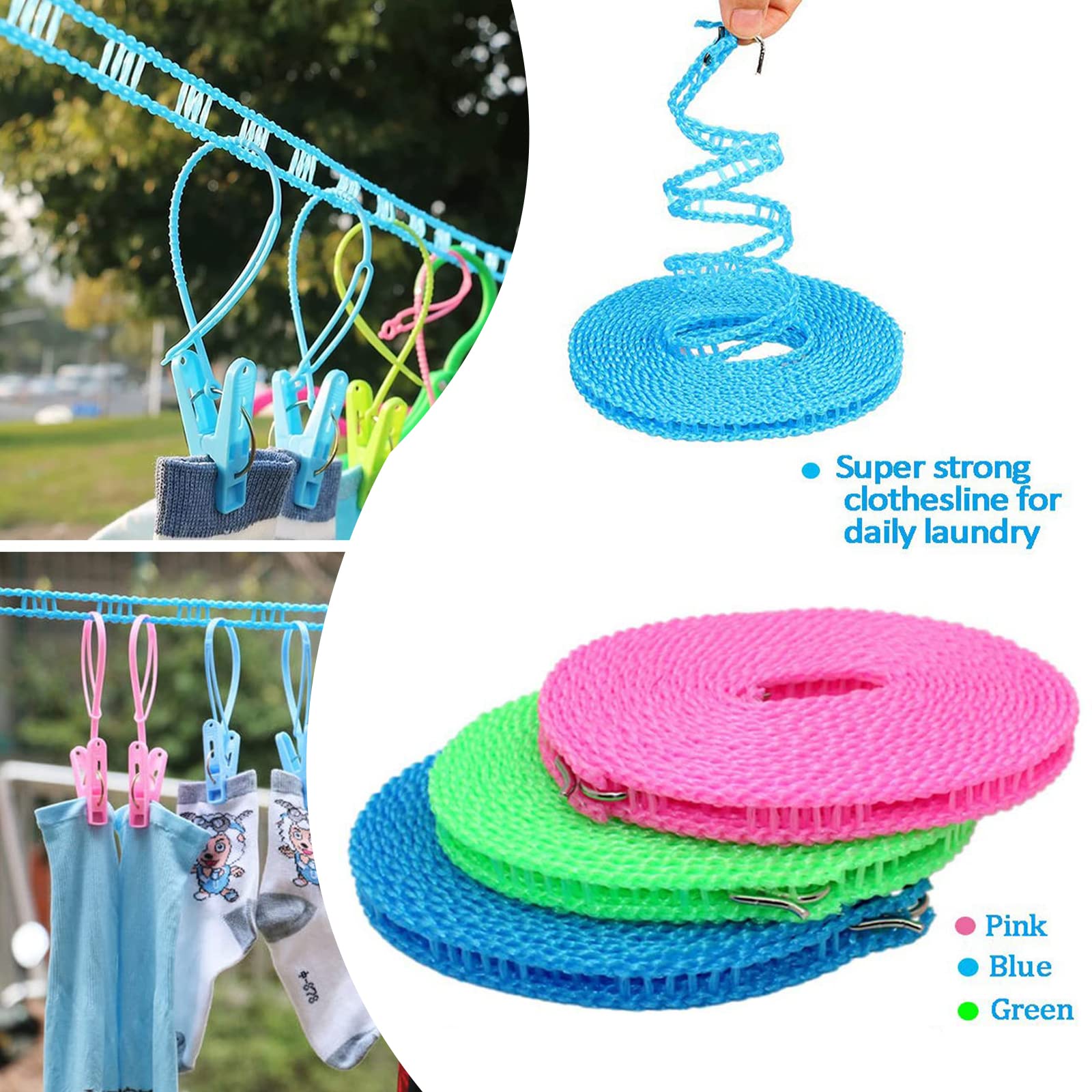 Lot De 3 Cordes à Linge Extensibles 5 M - Nylon Renforcé, Coupe-vent, Crochets Inclus, Pour Intérieur/extérieur/voyage