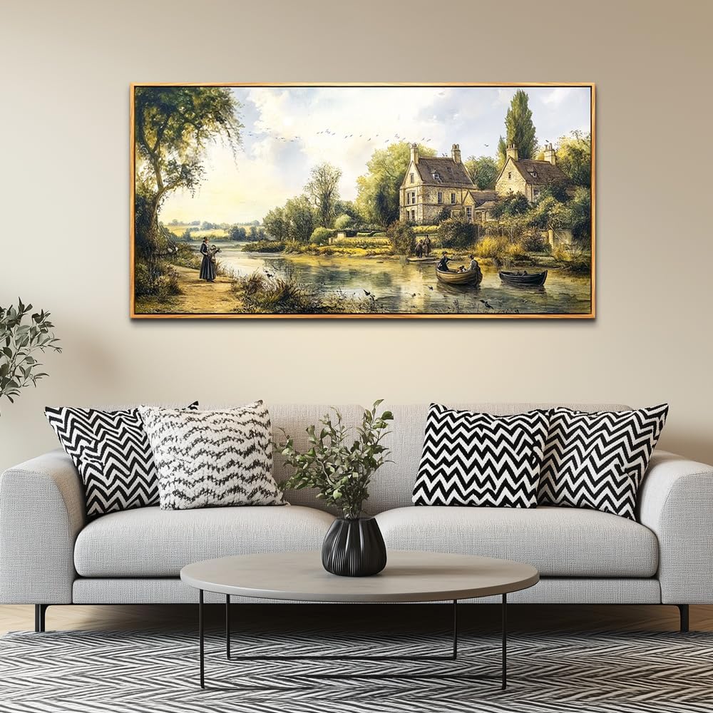 ERQINHUA Large Wall Decor Canvas Painting Wall Art For Living Room Decoration Blue Seaside Landscape Painting Bedroom Print Artwork Picture For Dining Room Bathroom Home Decor Wood Frame 24x48 In