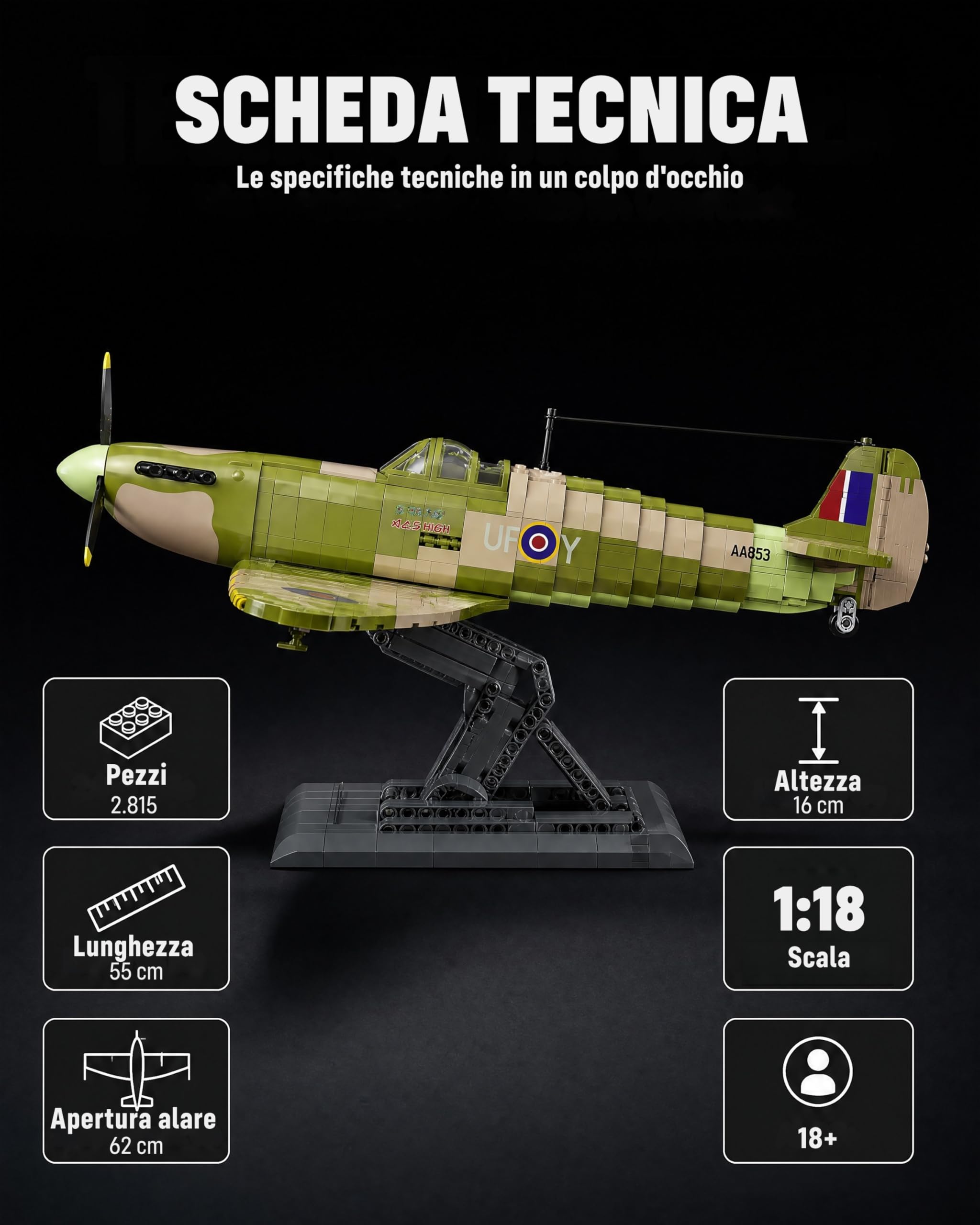 Revell Brick System 00962 Iron Maiden Spitfire MK.II Aces High - Kit modellino in mattoni, scala 1:18, non costruito, 52,5 cm di lunghezza, oltre 2.500 pezzi, include statuetta Eddie, espositore e