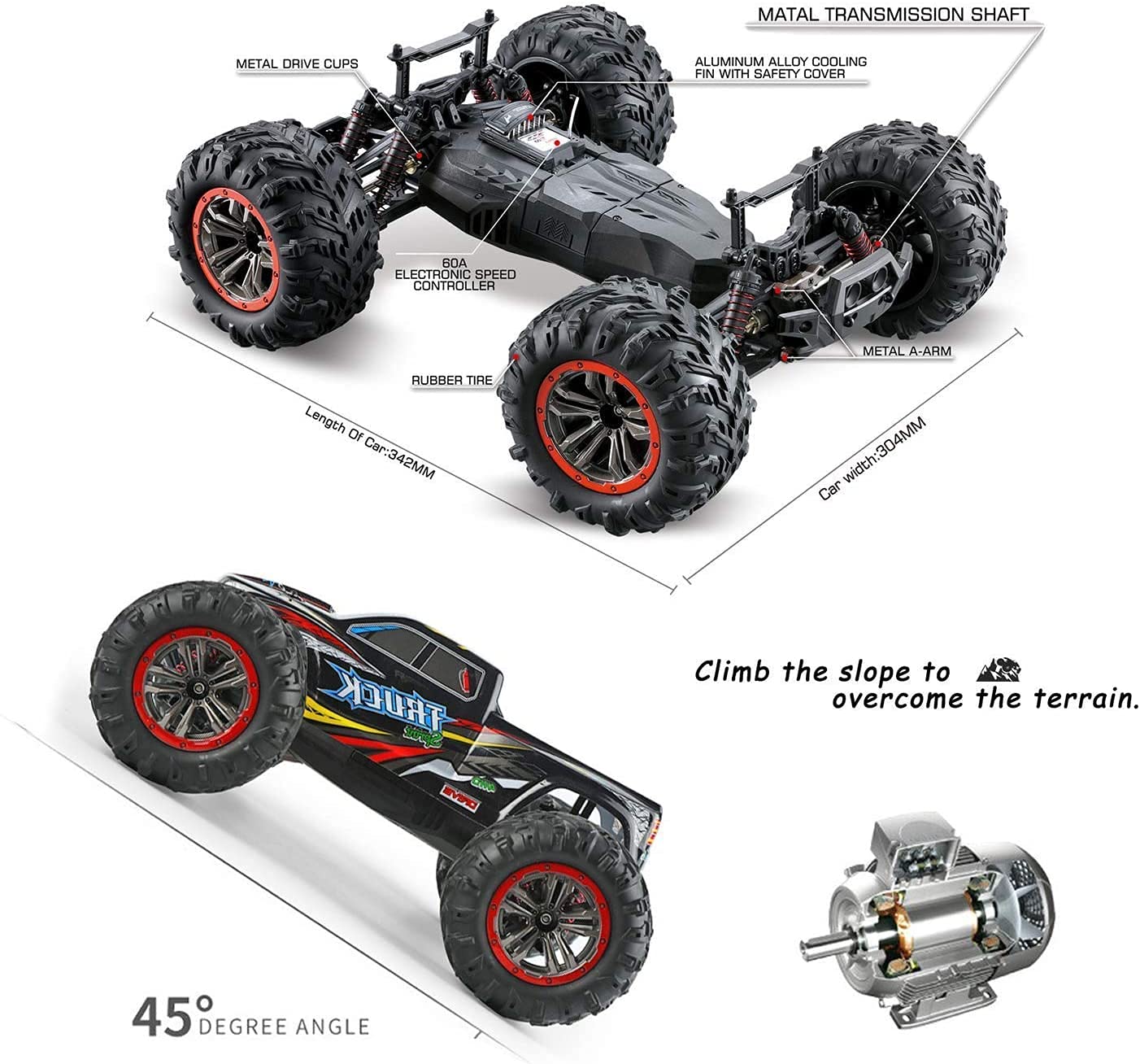 s-idee® 9125 + 2 Akkus RC Auto 1:10 4WD Buggy wasserdichter Monstertruck mit 2,4 GHz ca. 50 kmh schnell, Zwei Motoren, wendig, voll proportional 4WD ferngesteuertes Buggy Racing Auto