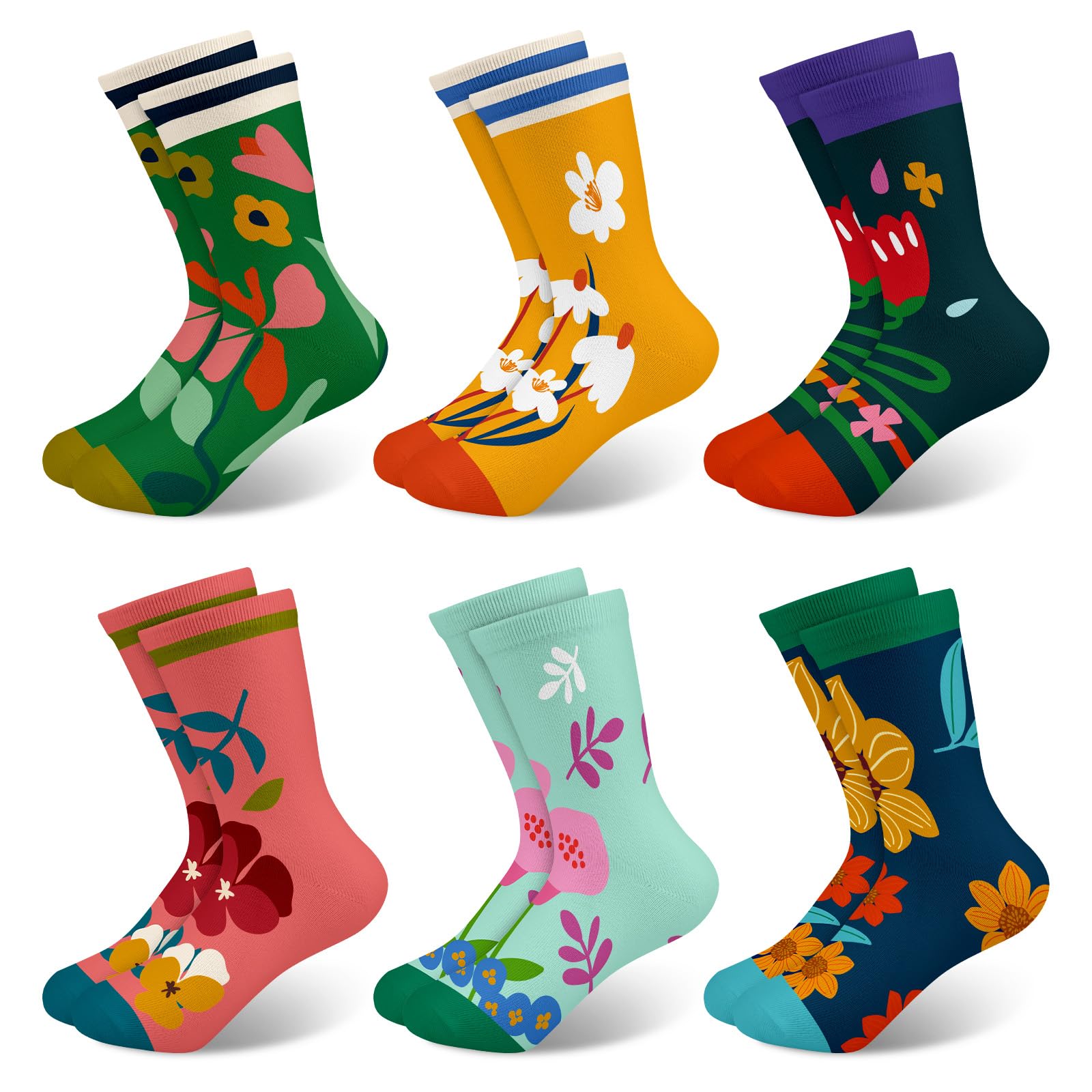 Schulkind Socken Mädchen Kinder Bunte Lustige Cartoon-Blumen Motiv Neuheit Niedlich Crew-Socken 6 Paar Geschenke 3-14 Jahre Größe 25-38 Atmungsaktiv Weich