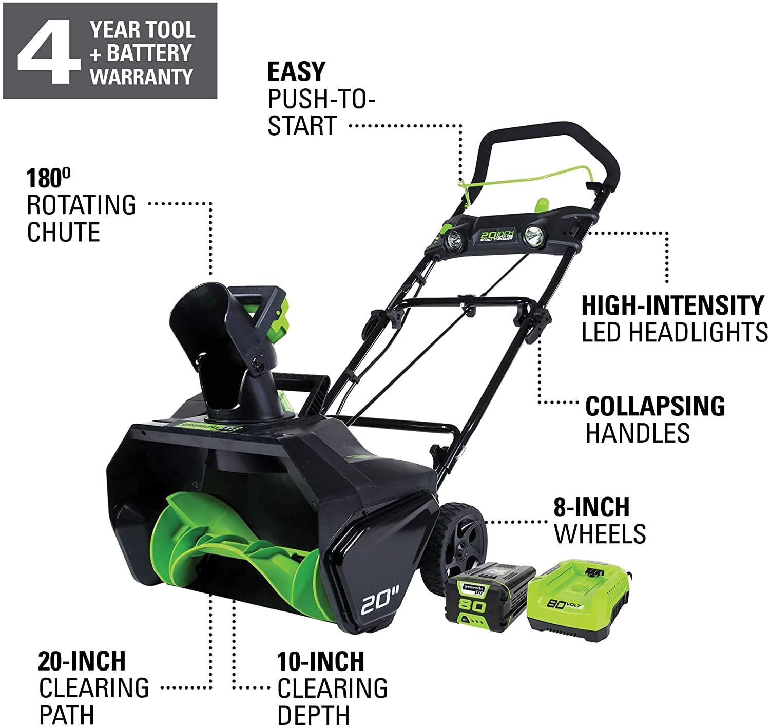 Amazon.com : Greenworks Pro 80V 20 inch Snow Thrower with 2Ah