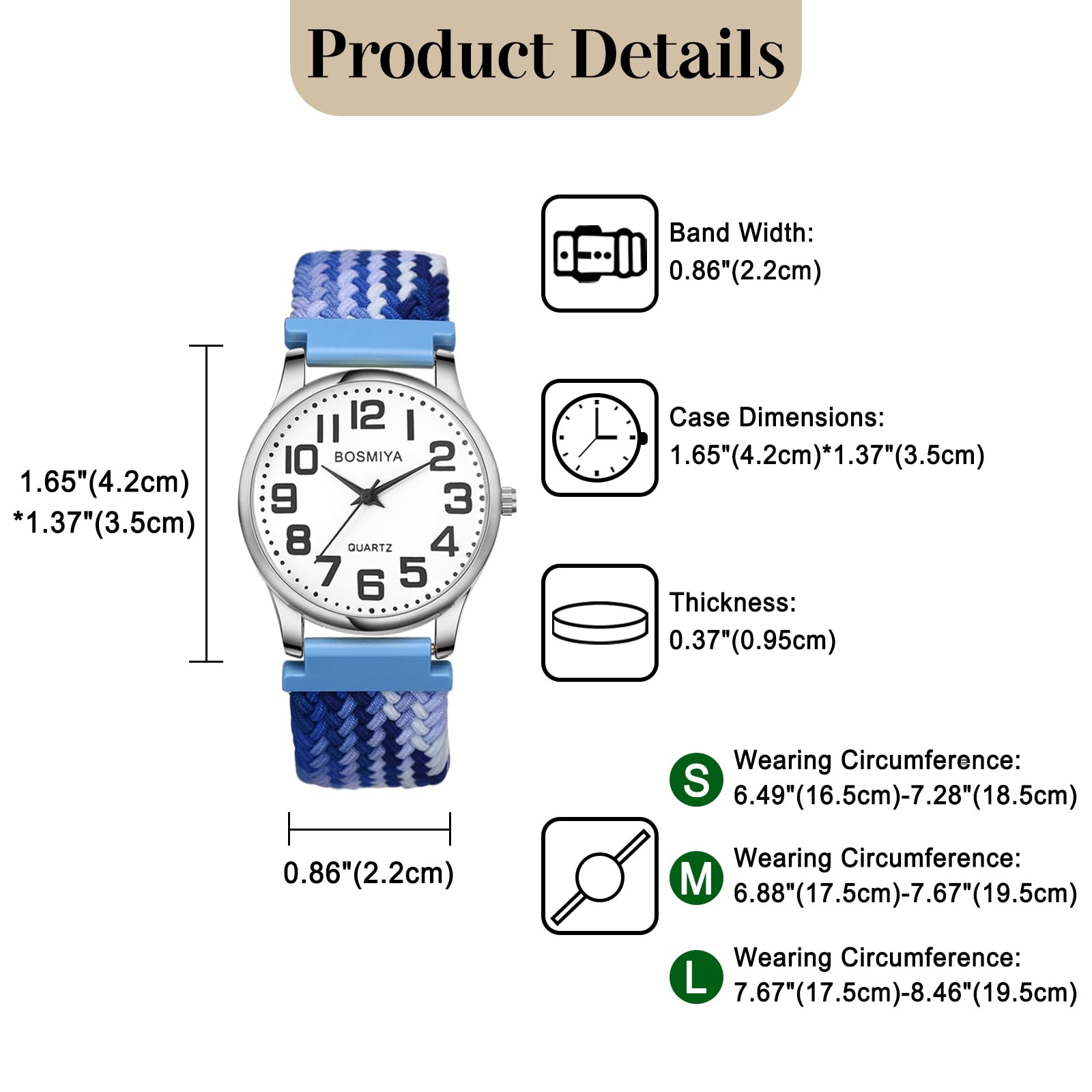 Lancardo Braided Elastic Strap Watch: Analog Quartz Blue White Arabic Large Dial Casual Watch for Men Women Easy-to-Read