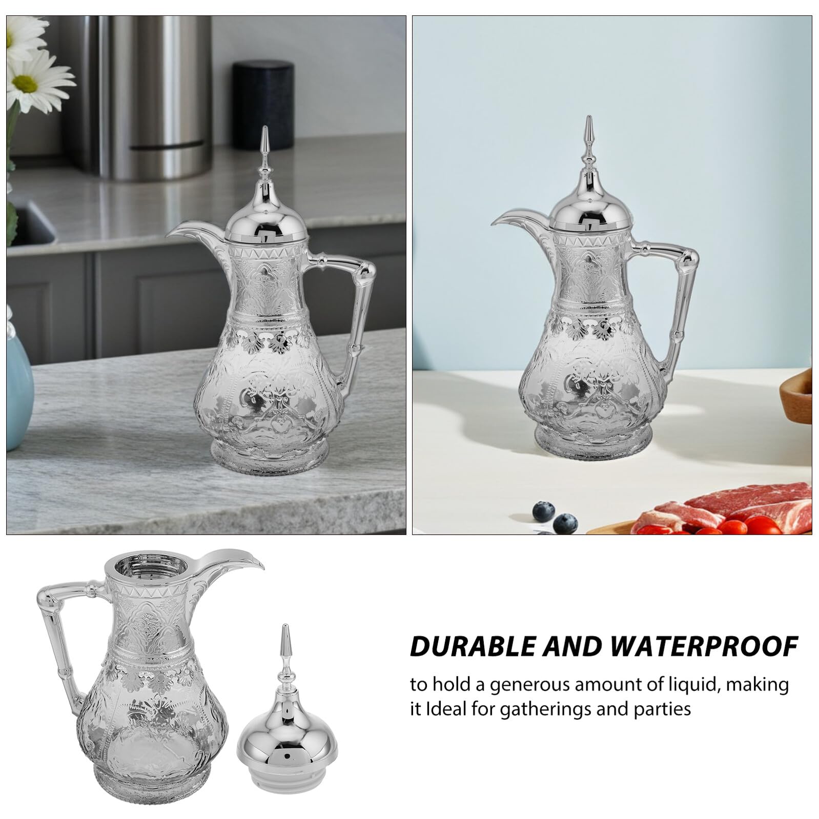 VANZACK Orientalischer Glaskrug Silber 1,6 L Wasserkaraffe mit Deckel Glaswasserkrug für Kalte Getränke Familienfeiern