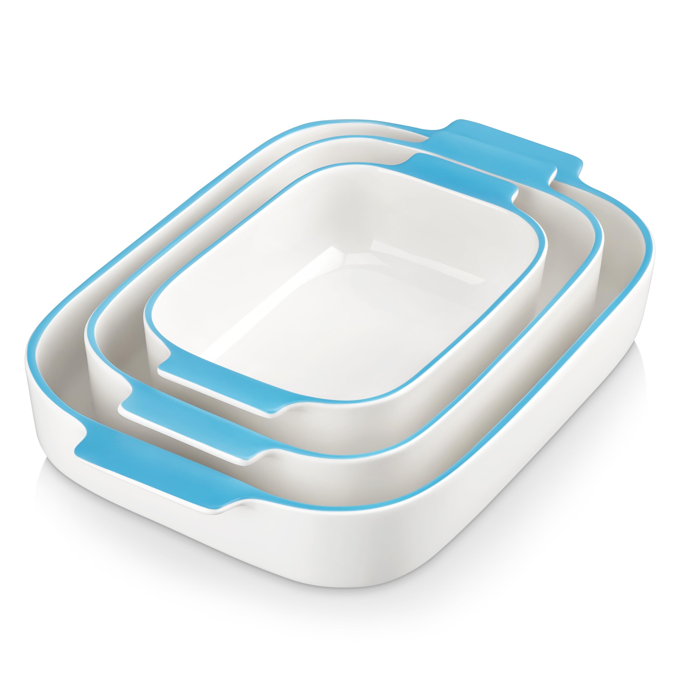 MALACASA Ceramic Baking Dishes Set of 3, Blue Trim Casserole for Oven, 9x13