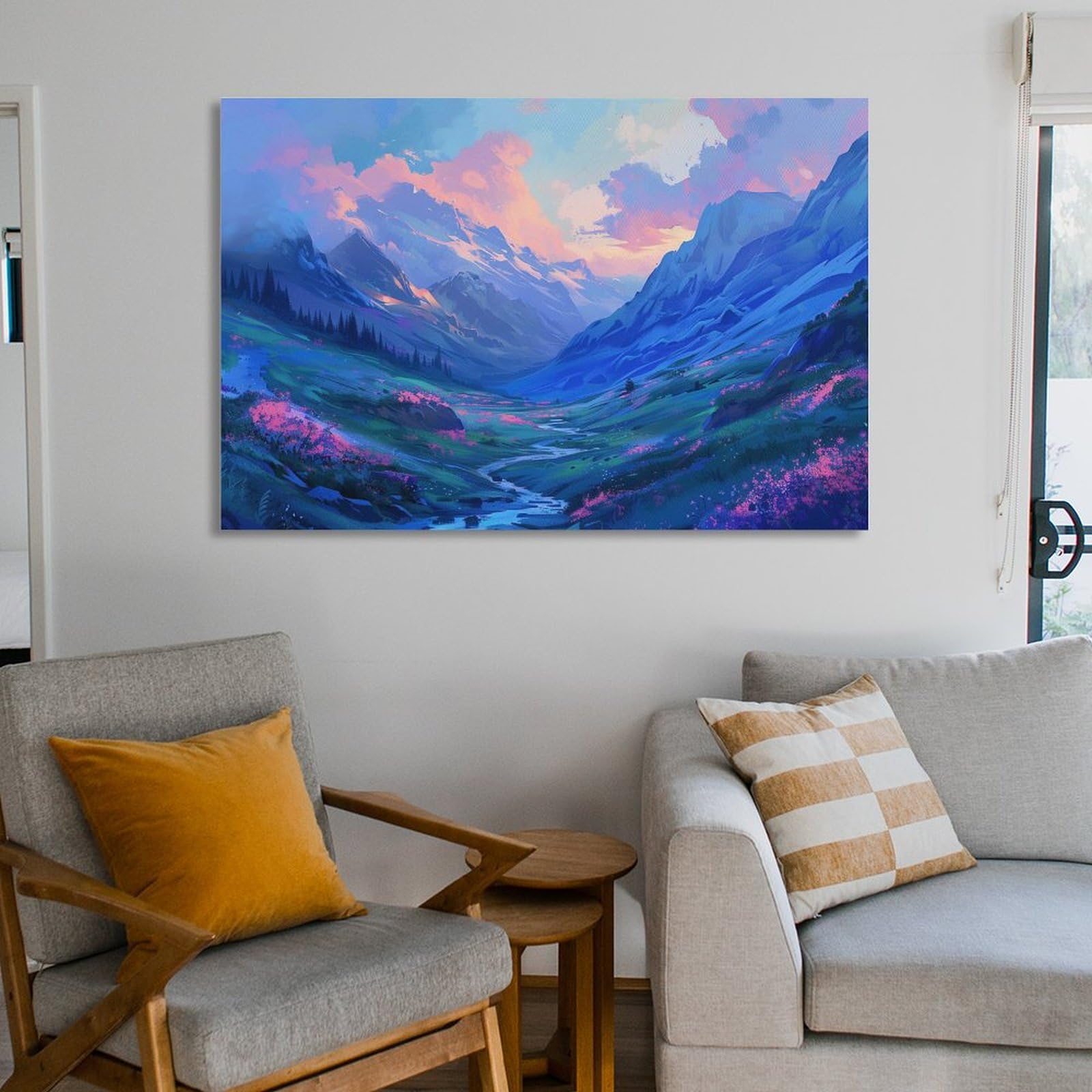 Amazon.co.jp: 絵画 青とピンクのグラデーションの山の風景インテリア