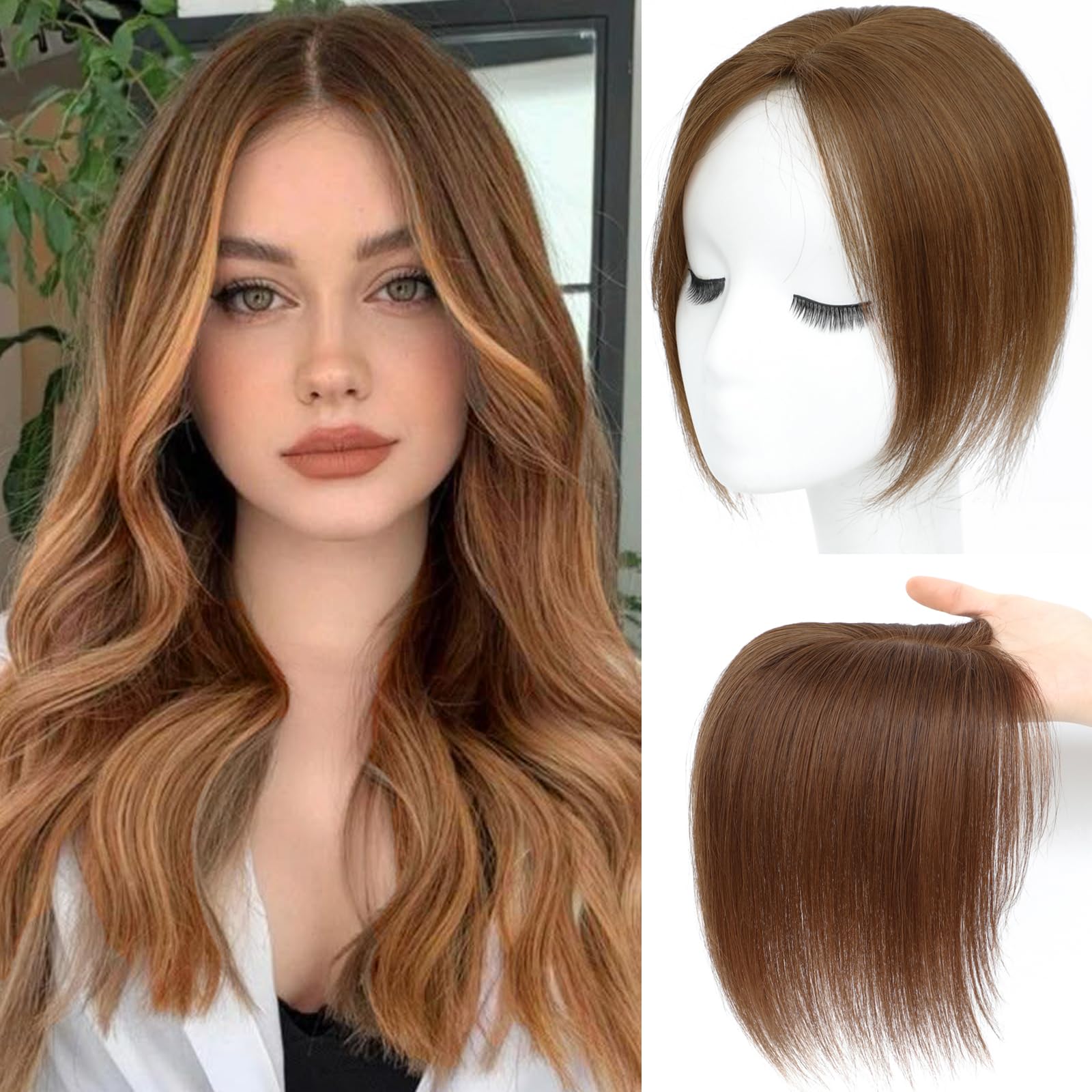 Hair Toppers for Women Real Human Hair， 360°3D Cover Toppers Hairpieces for Women with Thinning Crown Wispy Clip in Bangs Realistic Scalp Hairline (Light Brown, Side Bangs)