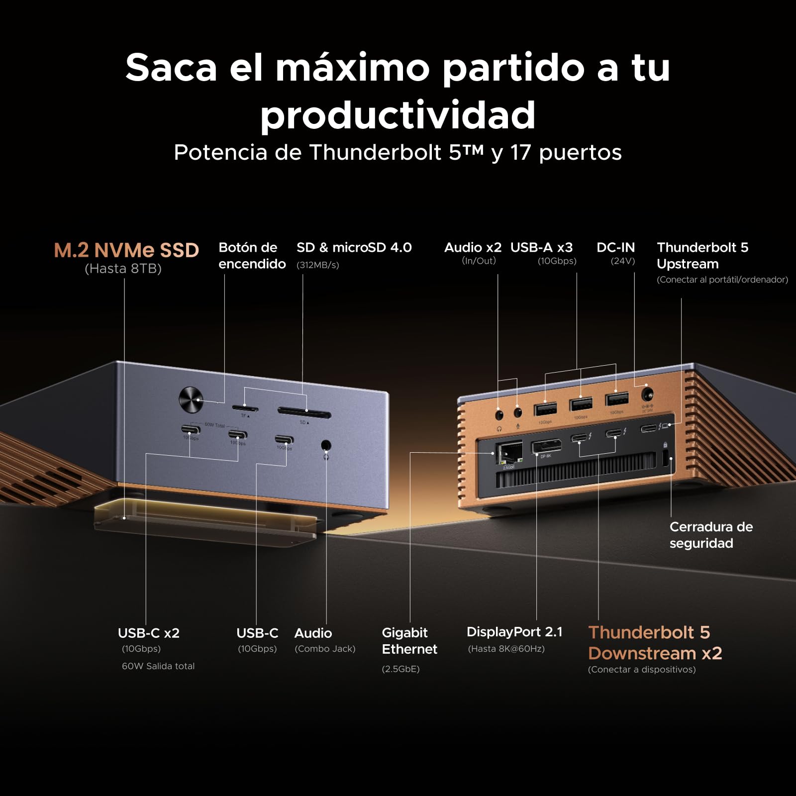 UGREEN Maxidok Thunderbolt 5 Docking Station USB C Triple Pantalla | 17 en 1, 2 TBT5, 1 DP, 120Gbps, 3A3C, Ethernet 2.5GbE, SD/TF 4.0, Carcasa M.2 SSD, Carga PD 140W, DC 240W, 3 Audio 3.5mm