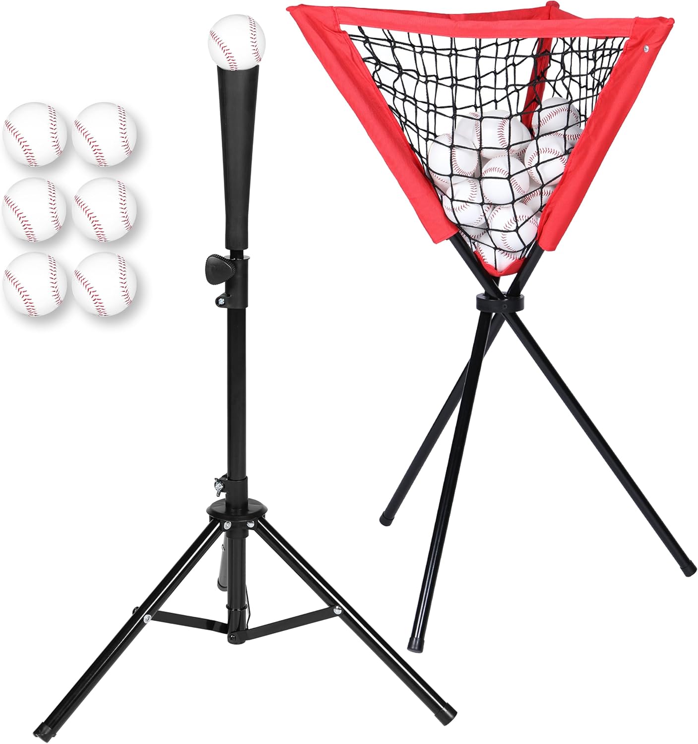 Batting Tee & Ball Caddy Bundle | Baseball & Softball | Height Adjustable | Portable Tee with Carrying Bag | Tee-Ball Practice | 6 Baseballs | Baseball Caddy