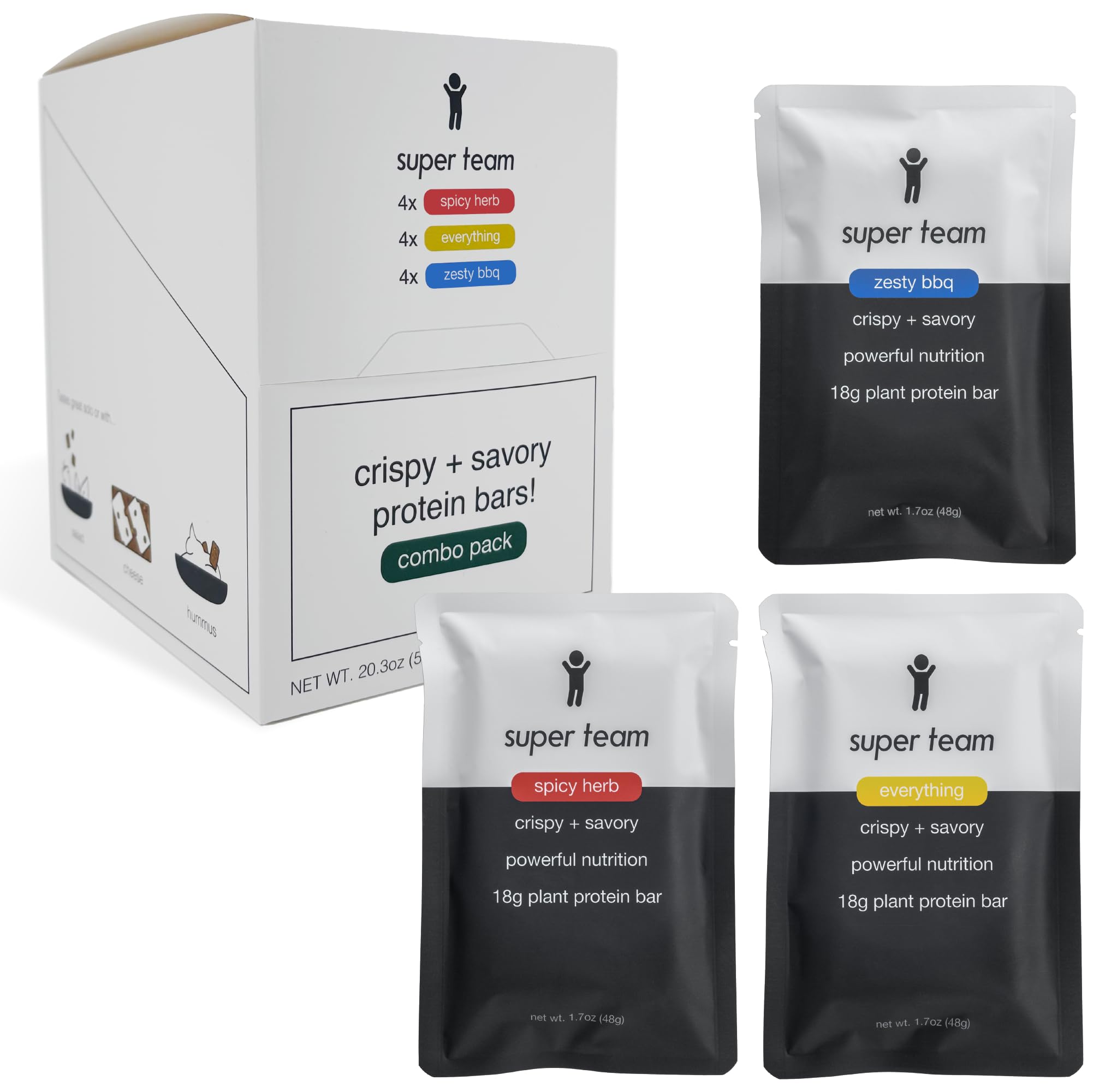 Super Team Savory + Crispy Protein Bars - Combo Pack - 12-Count Snack Bars - High Protein (18g), High Fiber (7g), Low Sugar (1g) - Gluten Free, Nut