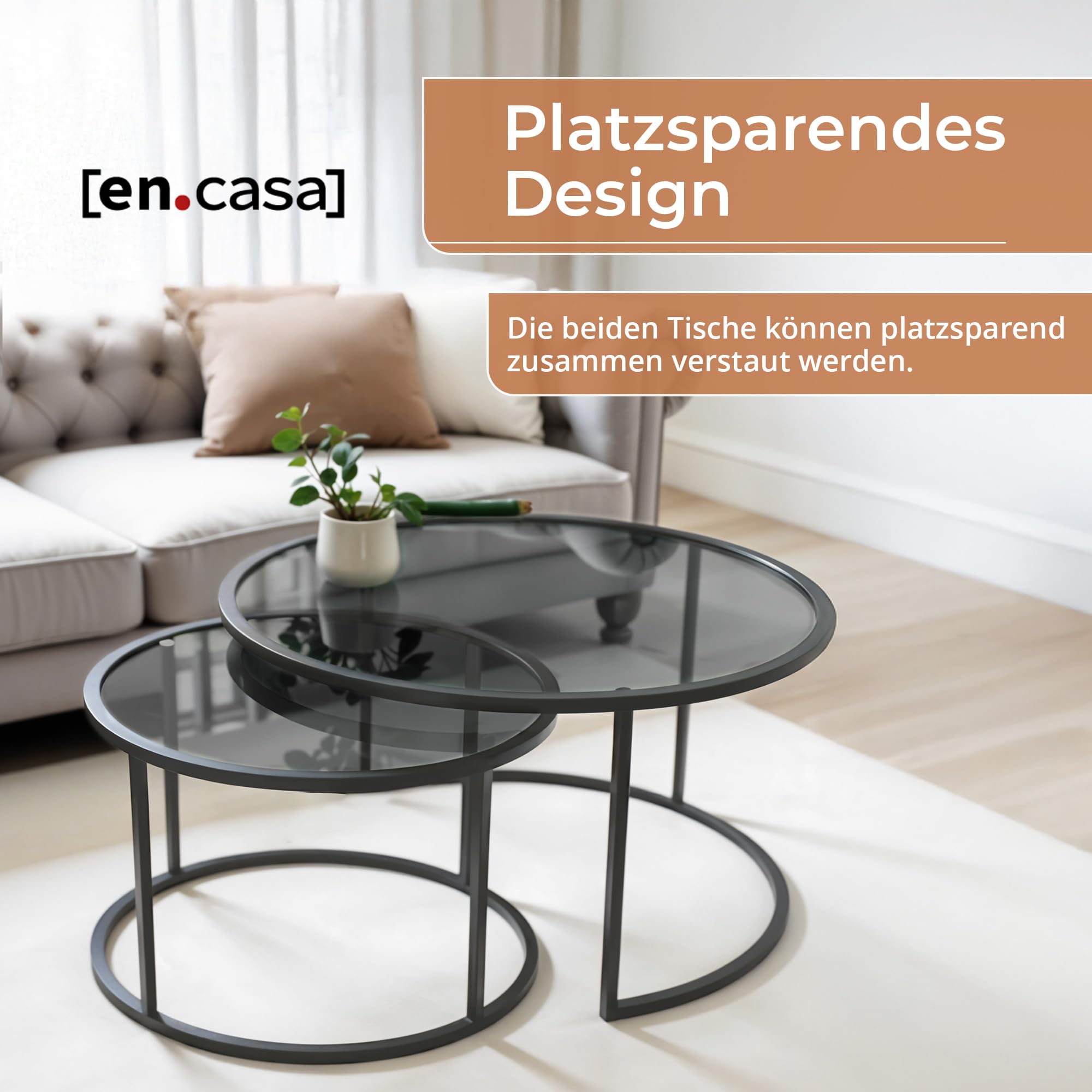 [en.casa] Couchtisch Kokkola 2er Set Wohnzimmertisch rund Beistelltisch Schwarz Tischplatte aus Glas Kaffeetisch Metallgestell Satztisch Sofatisch Rauchglas