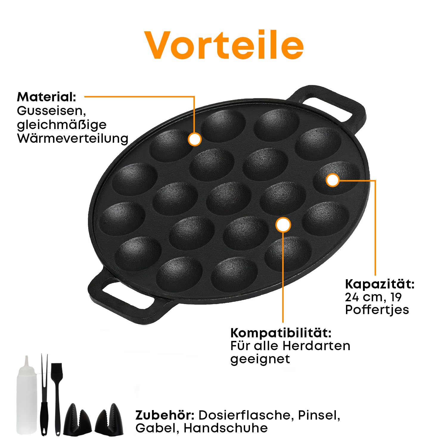 Poffertjes Pfanne 24 cm – Gusseisen Donut Maker & Pancake Pfanne – Backform für 19 Mini-Pfannkuchen – Induktion & alle Herdarten – Crepe Pfanne mit Zubehör & Rezept-E-Book
