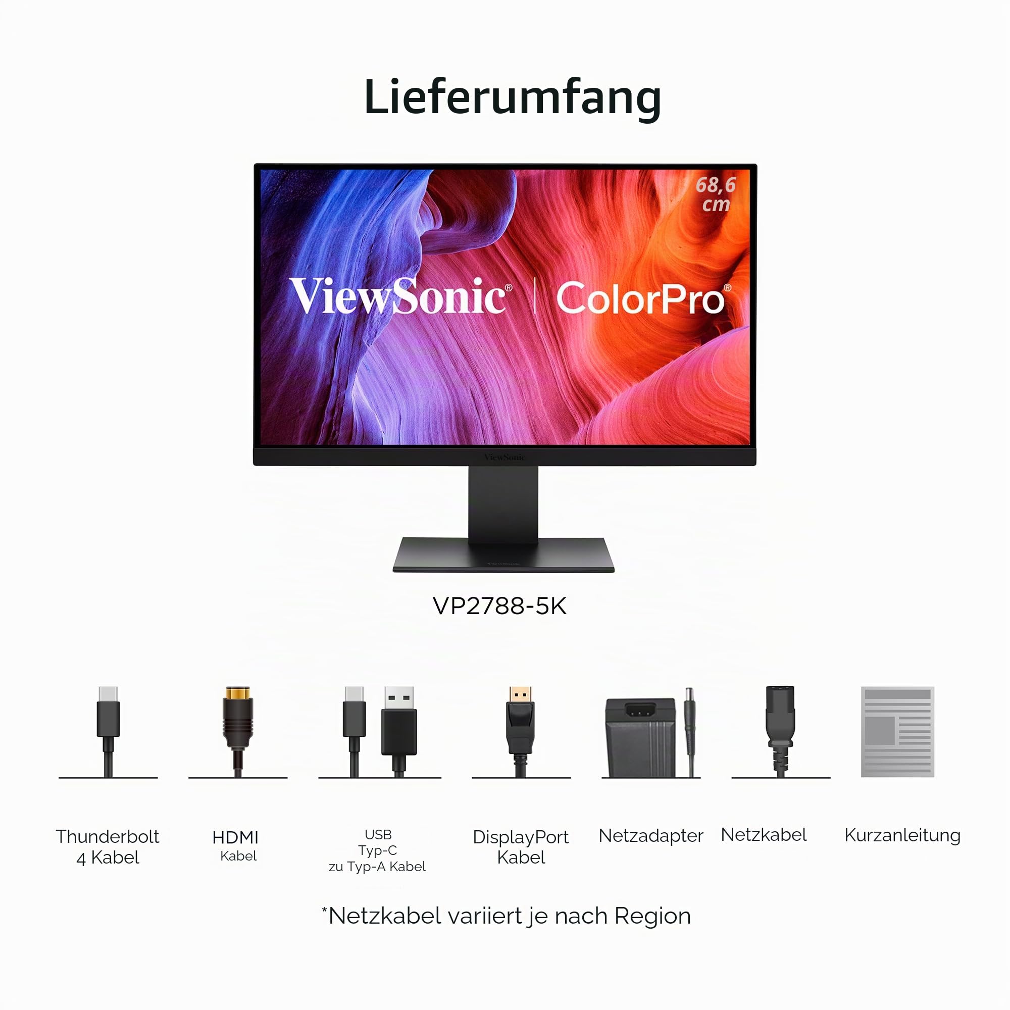 ViewSonic VP2788-5K Monitor 5K 27 zoll 5120x2880, Professioneller Monitor für MacBook, 100W Thunderbolt 4, ΔE＜2, 99% DCI-P3, 218 PPI, HDR 400, Verstellbarer Ständer, Pantone-validiert, USB-C, HDMI, DP