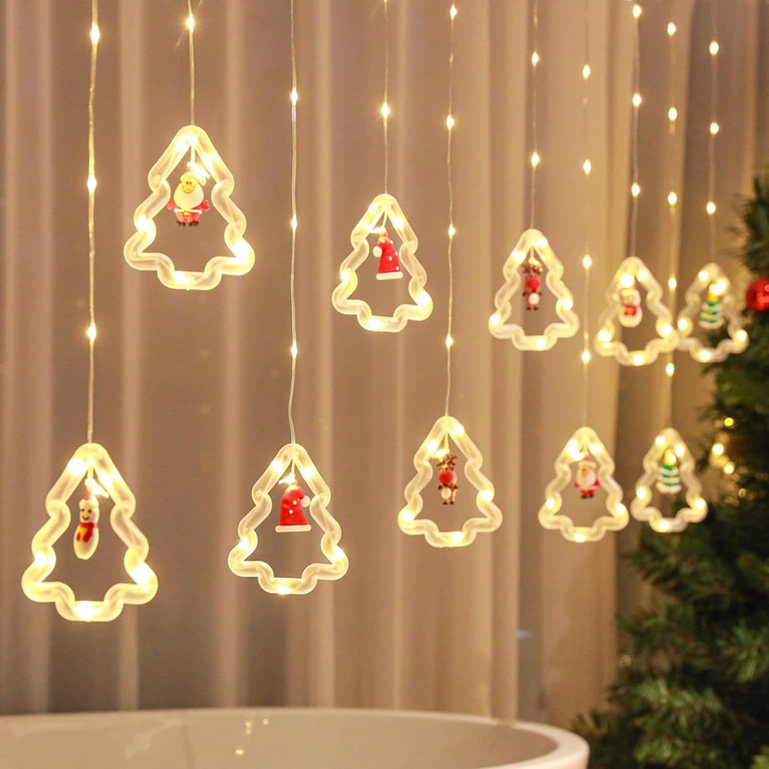 Luces navideñas, cuerdas, luces de cortina con forma de dibujos animados de Papá Noel, luces LED de colores, decoraciones for ventanas, luces navideñas/1287 ( Color : Christmas tree warm white )
