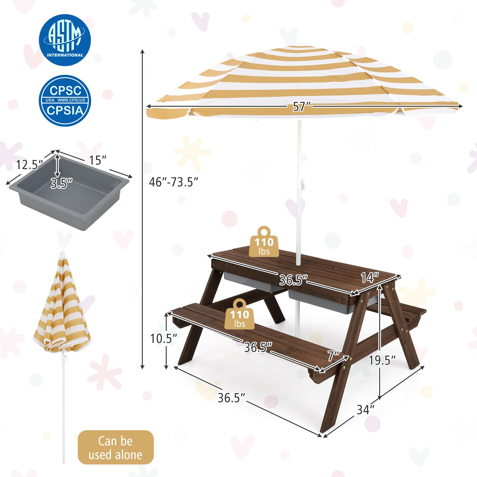 KOTEK Kids Picnic Table, 4 in 1 Sand and Water Tables w/Detachable Tabletop, 2 Removable Play Boxes, Foldable & Height Adjustable Umbrella, Wood Sensory Table and Bench for Outdoors, Indoors (Brown)