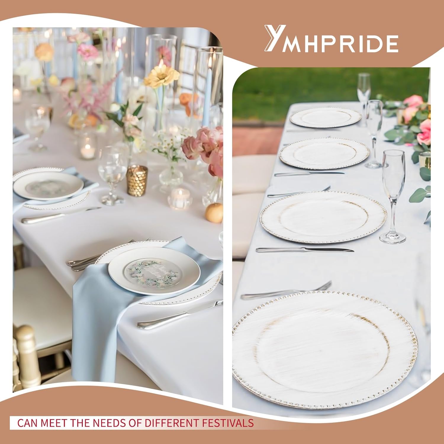 YMHPRIDE 60 Pack Vintage White Plastic Reusable Dinner Charger Plates, 13'' Round Beaded Chargers Plates Vintage Table Decoration for Elegant Dining - Ideal for Weddings and Formal Events