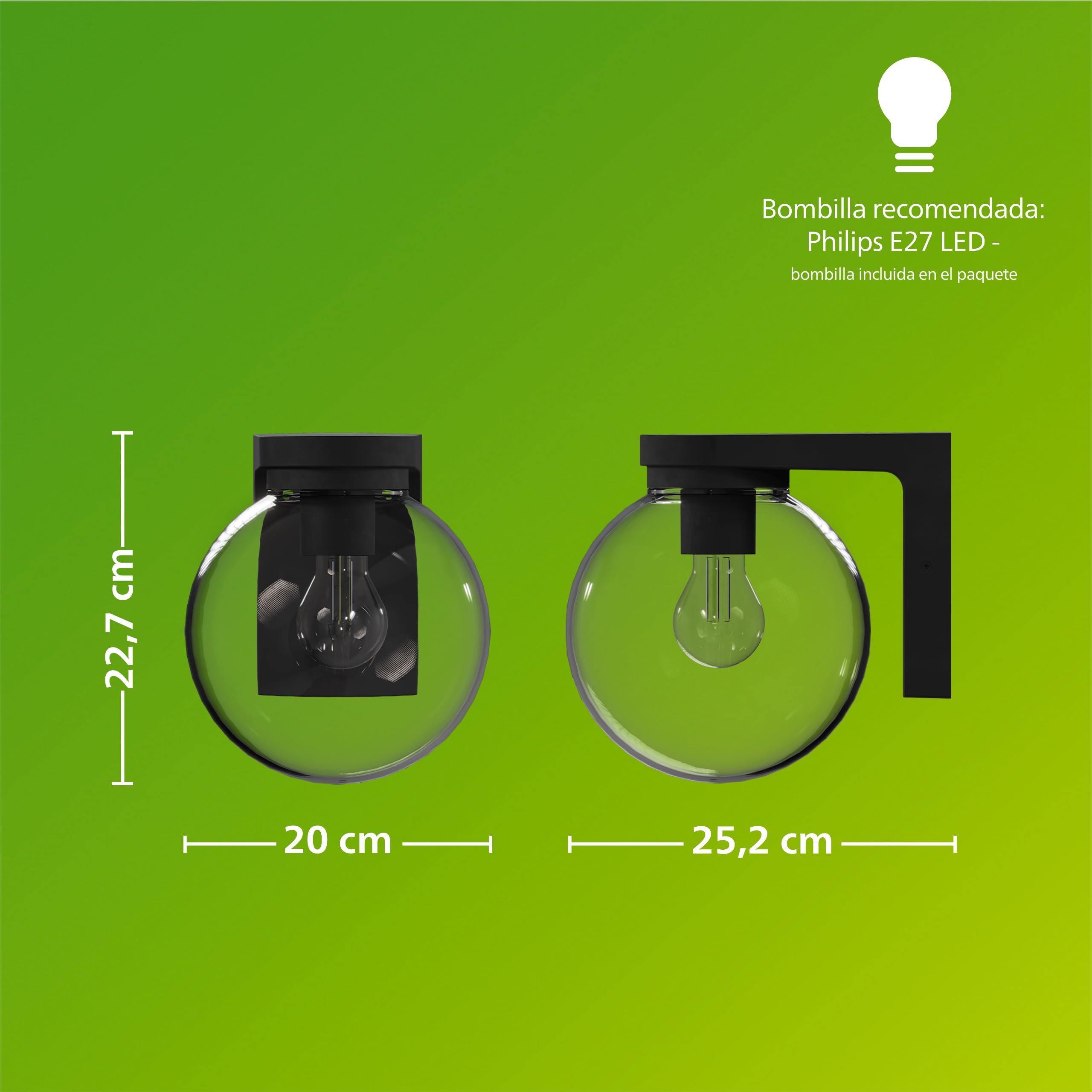 Philips Ulio Aplique de Pared Exterior + Bombilla LED E27, Luz Blanca Cálida, IP44 Resistente a la Intemperie, Duradera, Aluminio y Cristal, Diseño Moderno, Color Negro