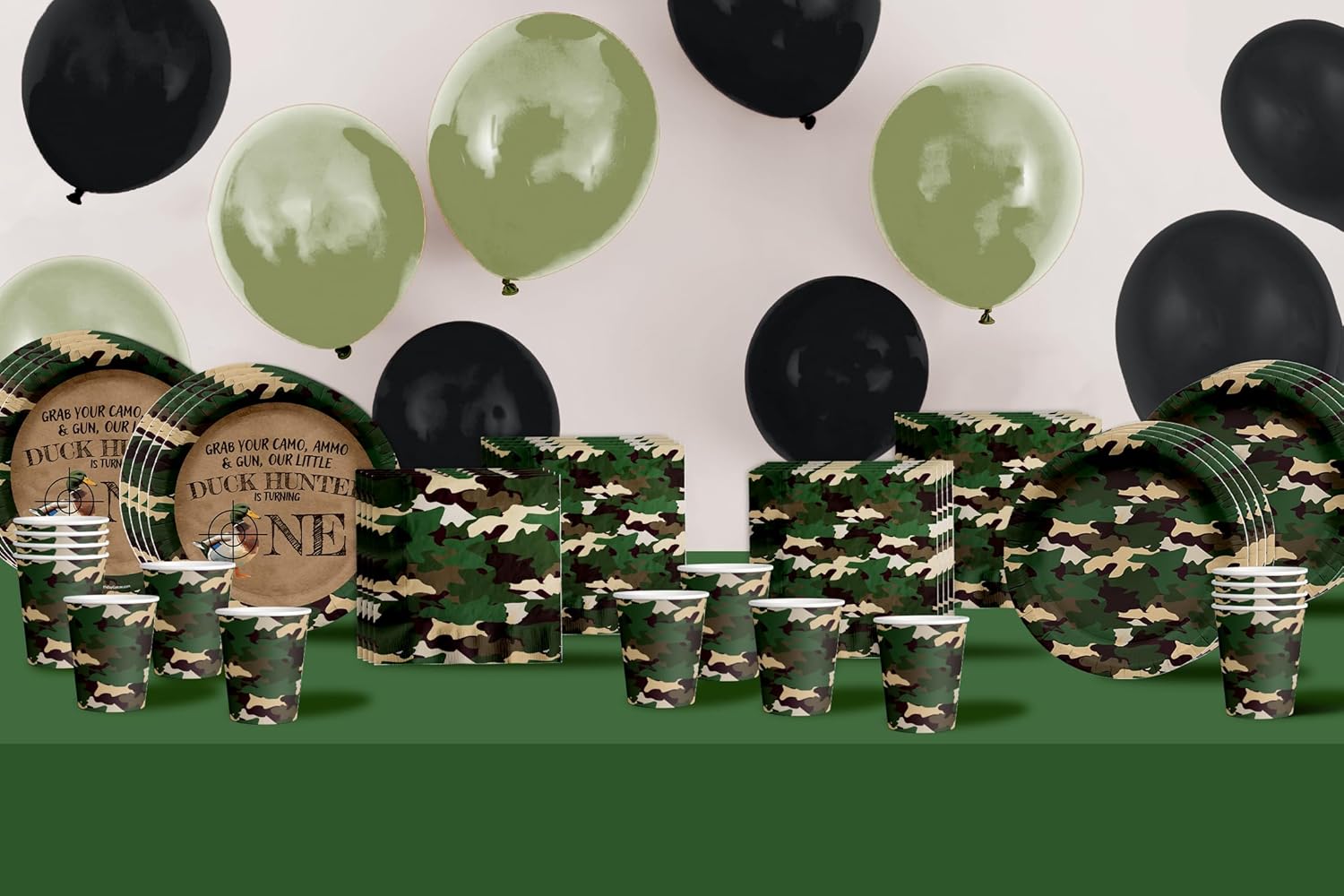 Duck Hunter 1st Birthday Party Supplies - 64 Piece Boys Hunting First Birthday Tableware Set Includes Large 9" Dinner Plates and 7" Dessert Paper Plates Napkins Cups - Kit for 16