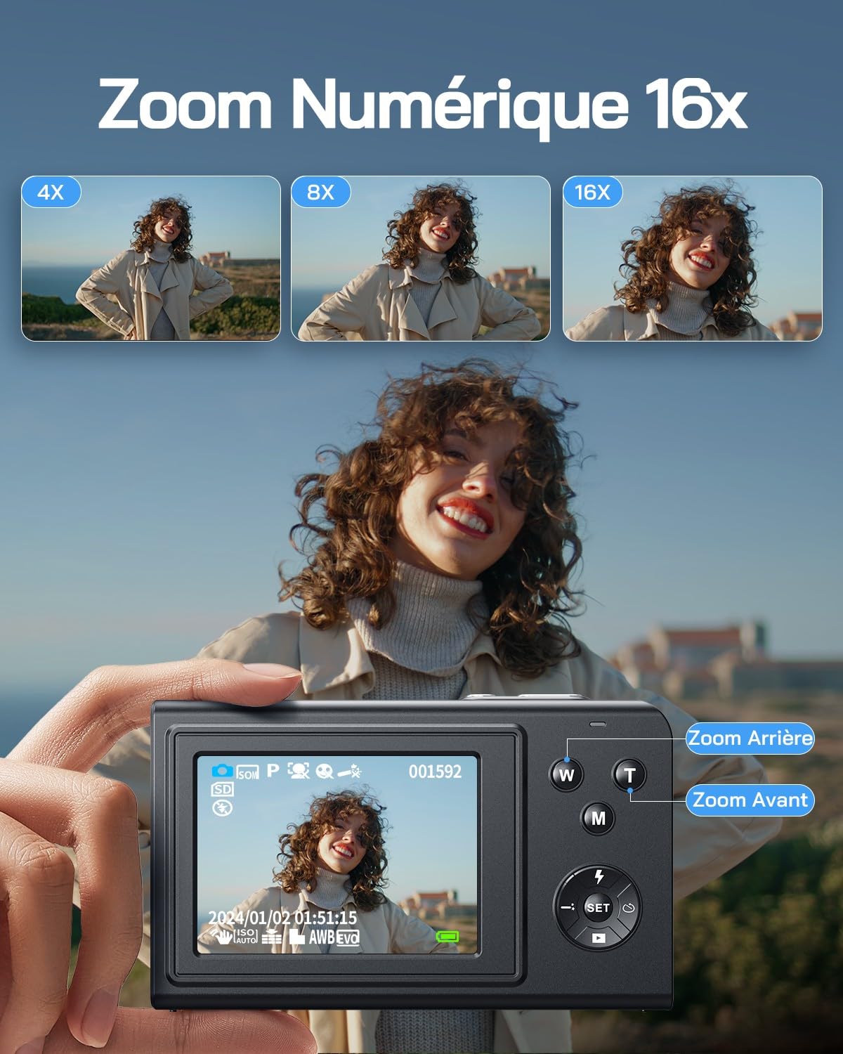 WOLFANG Appareil Photo numérique, caméra Enfant 2,7 K pour Photographie, vlogging compacte 50 MP, caméra vidéo Zoom numérique 16x, numérique Point de Mise au Point Automatique et