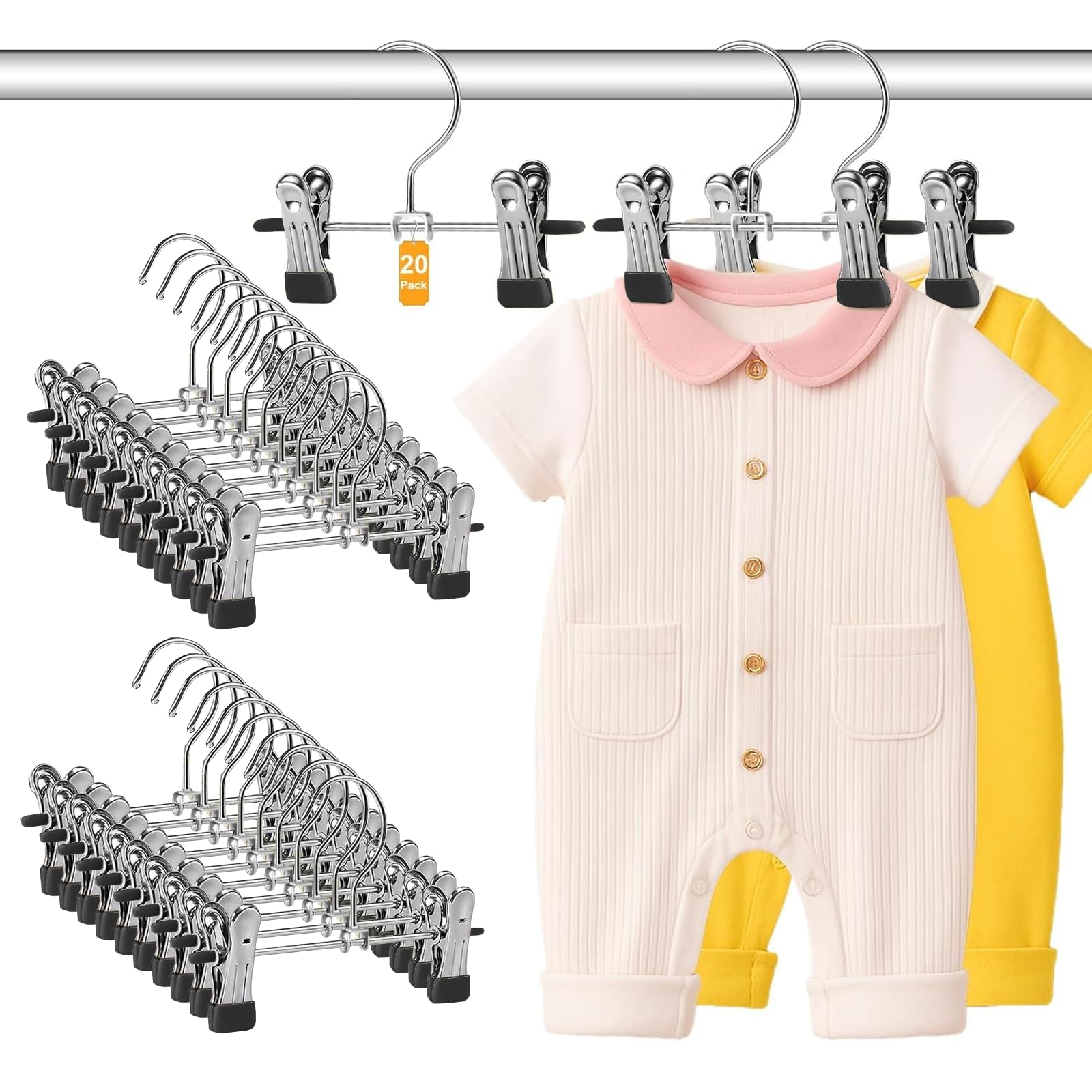 WJWSKI Kleiderbügel Kinder, Hosenbügel mit Anti-Rutsch Klammern 20 stück, Kleiderbügels Platzsparend für Kinderkleidung, 17 cm Metall Baby Kleiderbügels für Baby Hosen Socken (Schwarz, 20 Stück)
