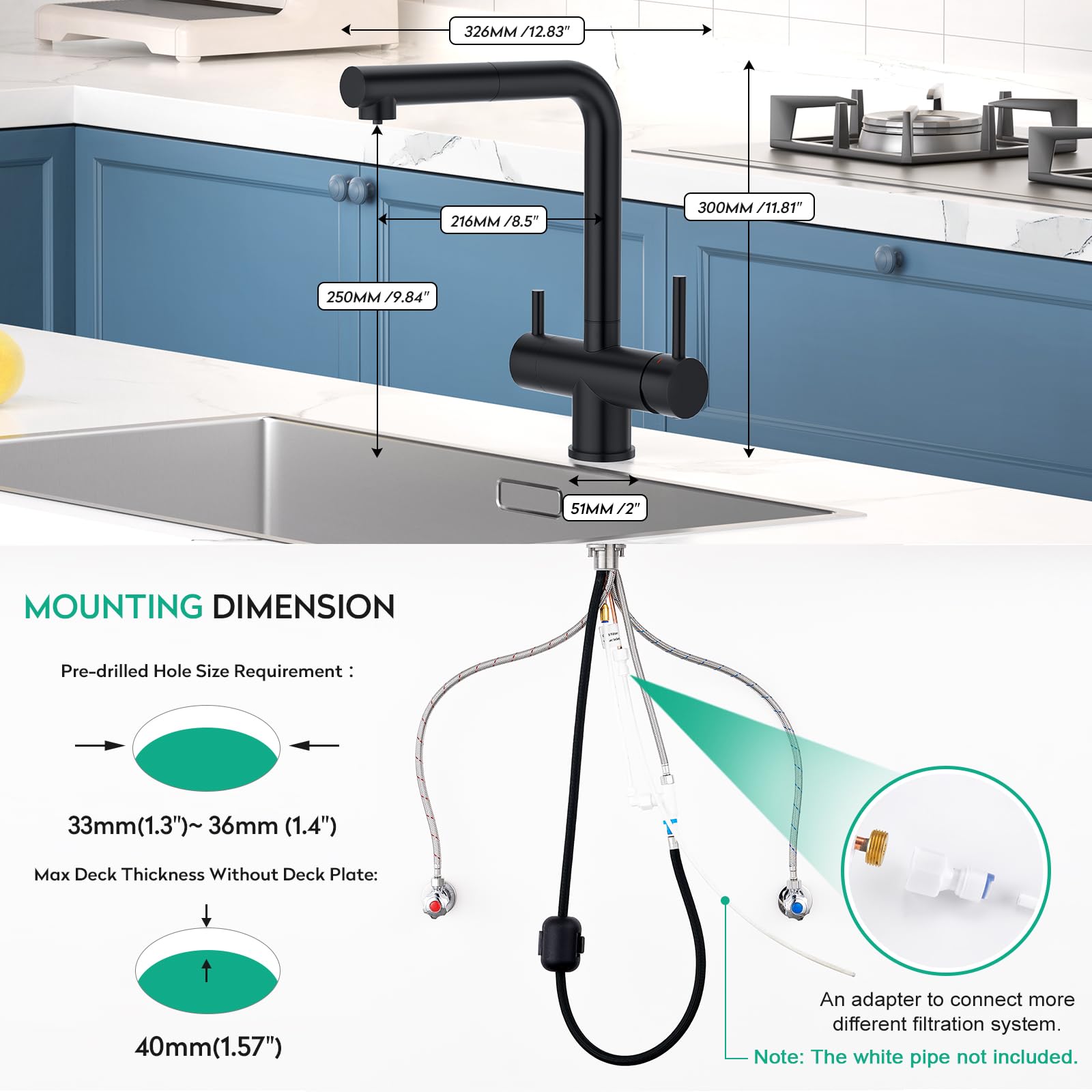 CREA Grifo Negro de Cocina de 3 vías con Ducha extensible, con 2 palancas | 3 en 1 Grifo de Agua Potable Para Cocina, Grifo mezclador de cocina, Grifo de Fregadero de Agua filtrada de ósmosis inversa