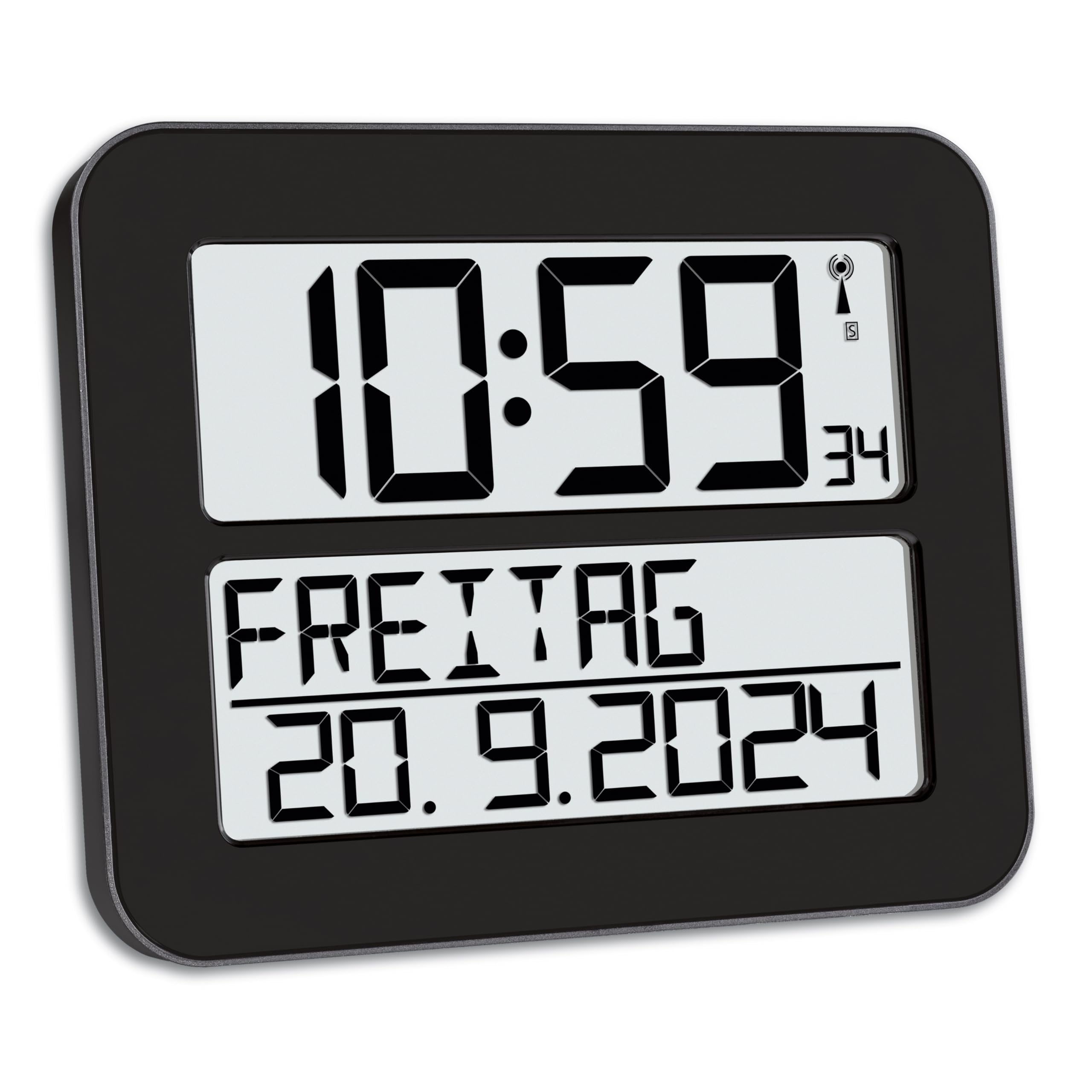 TFA Dostmann Digitale Funk-Wanduhr Timeline Max, 60.4512.01, übersichtliche Funkuhr, Demenzuhr, Küchenuhr, mit ausgeschriebenem Wochentag & Datum, mit Weckfunktion, 25,8 x 3 x 21,2 cm, schwarz