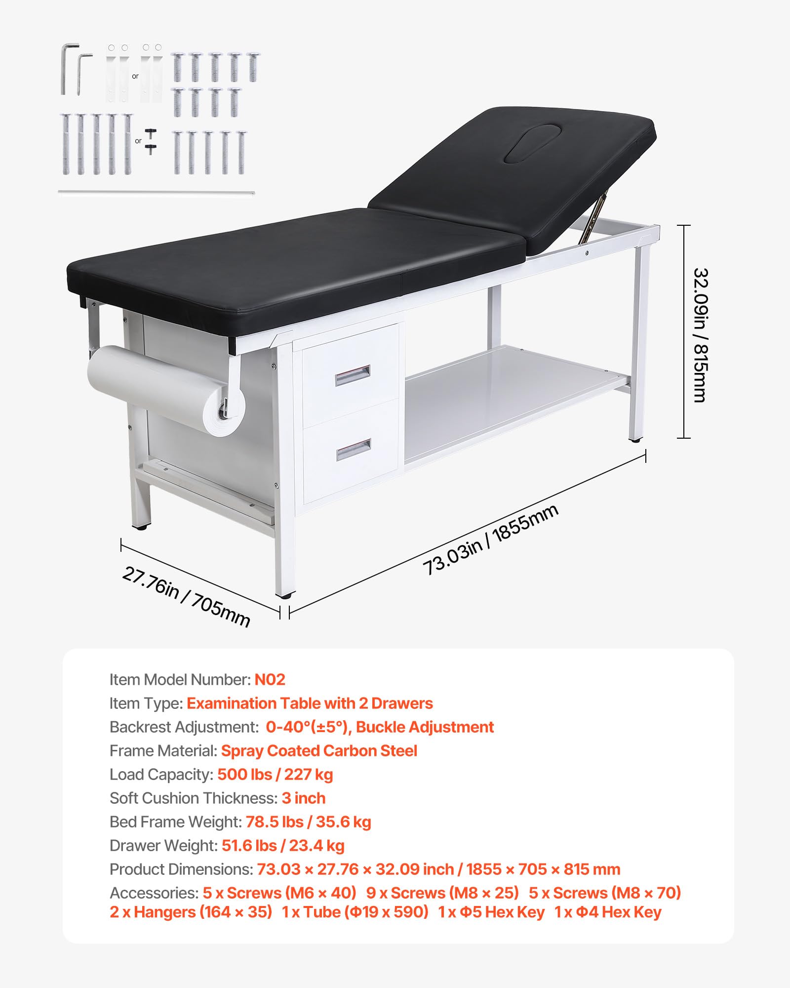 VEVOR Untersuchungsliege 227 kg, Ruheliege, Praixsliege mit verstellbarer Rückenlehne, 2 Schubladen, Ablagefach & Papierrollenspender, Krankenliege für Krankenhäuser & Reha-Zentren, 1855x705x815 mm