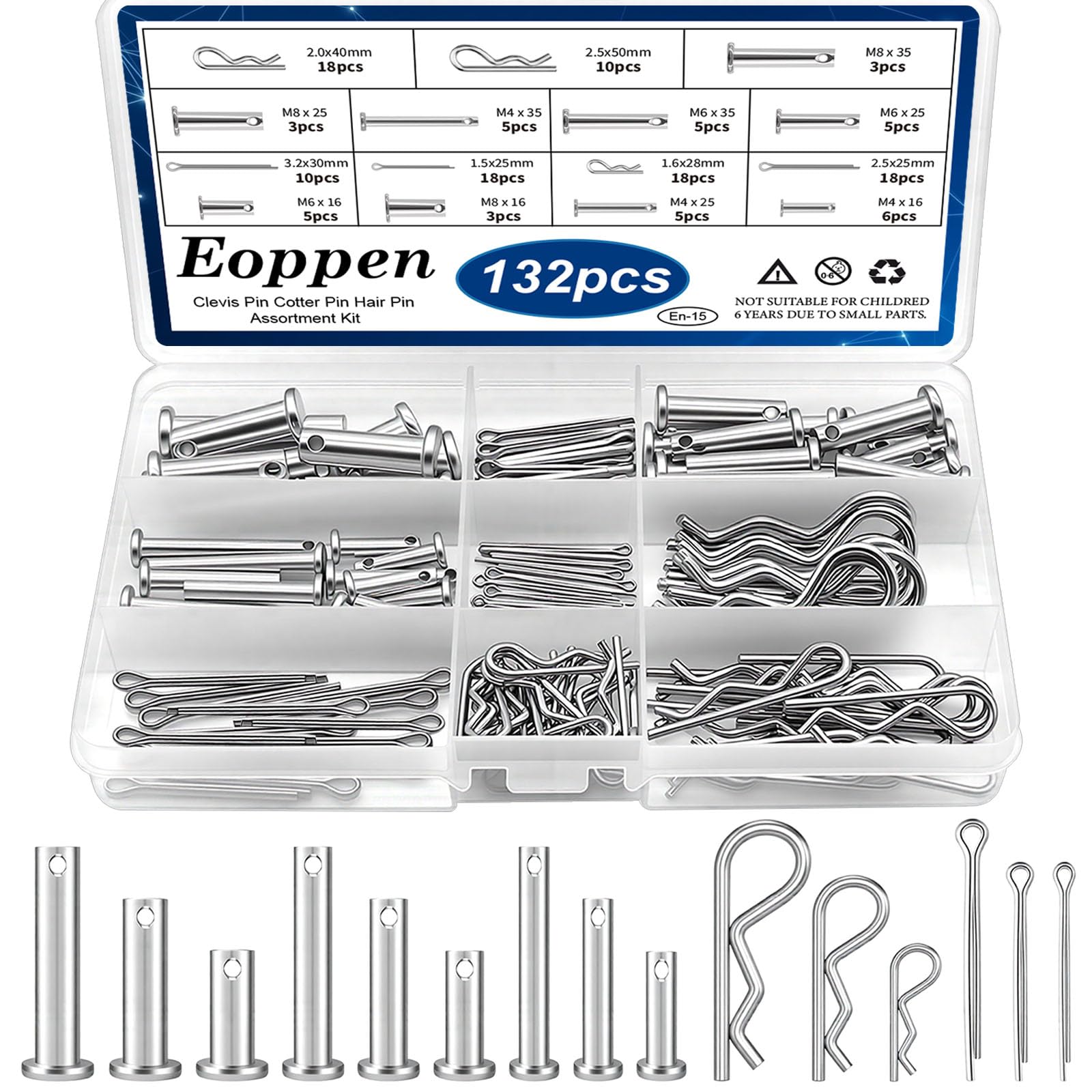 132Pcs Clevis Pin Cotter Pin Hair Pin Assortment Kit - 304 Stainless Steel 15 Sizes Cotter Pin & R Clips Pin Zinc-Plated Single Hole Flat Head Clevis Pins