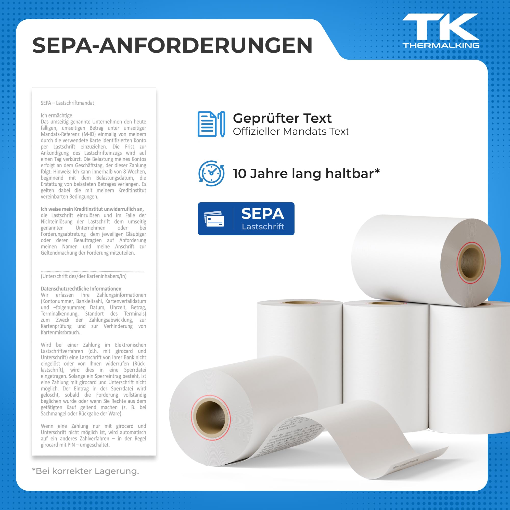 THERMALKING EC Cash Rollen Thermopapier 57mm x 40mm x 12mm - Thermorollen 57x40x12 für EC & Kredit-Kartenlesegeräte - Bonrollen mit SEPA-Lastschrifttext - Für Systeme bis 18m Papierbedarf (50 Stk)