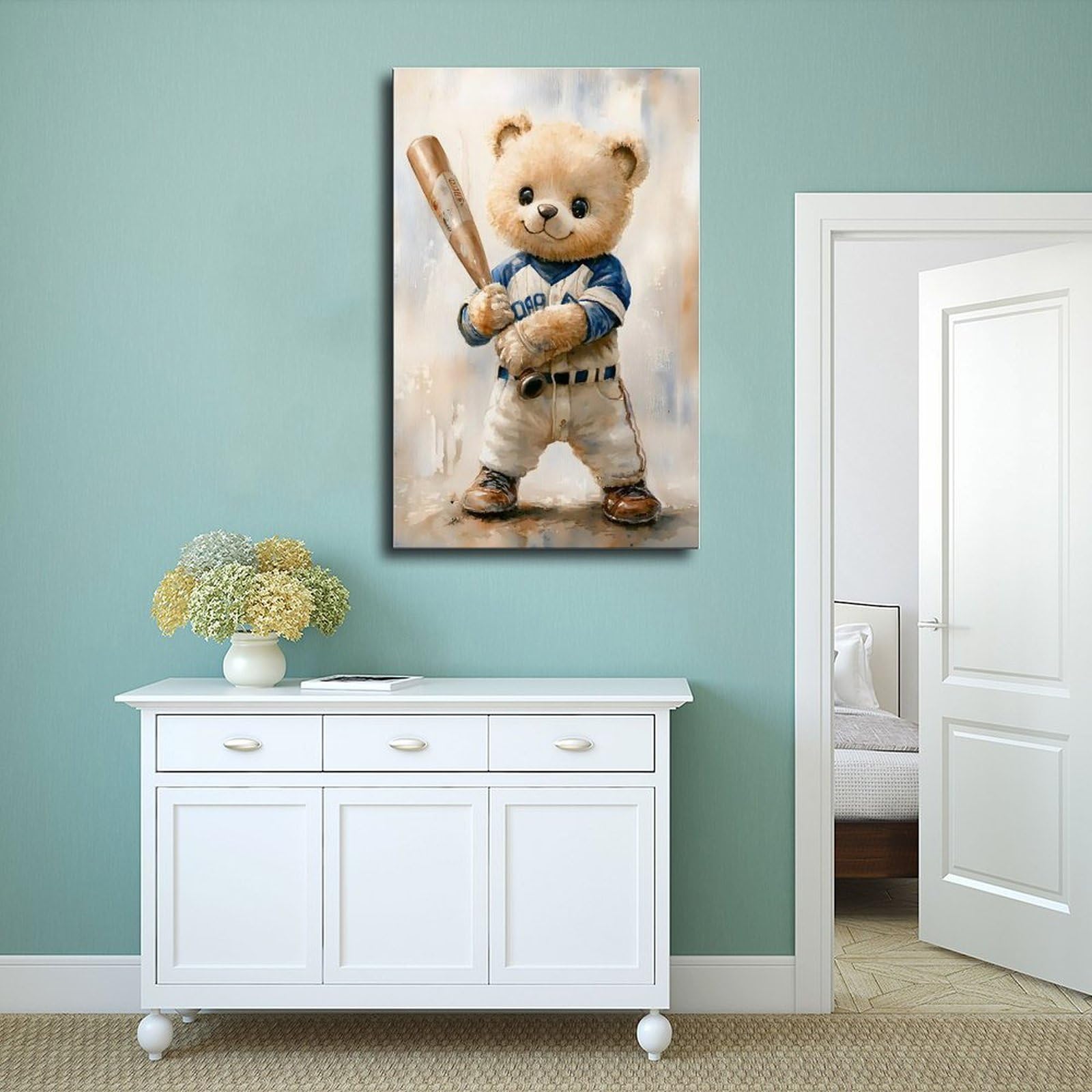 Leinwandposter mit Teddybär-Baseballspieler, Schlafzimmerdekoration, Landschaft, Büro, Raumdekoration, Geschenk, 61 x 91,4 cm (L x B)