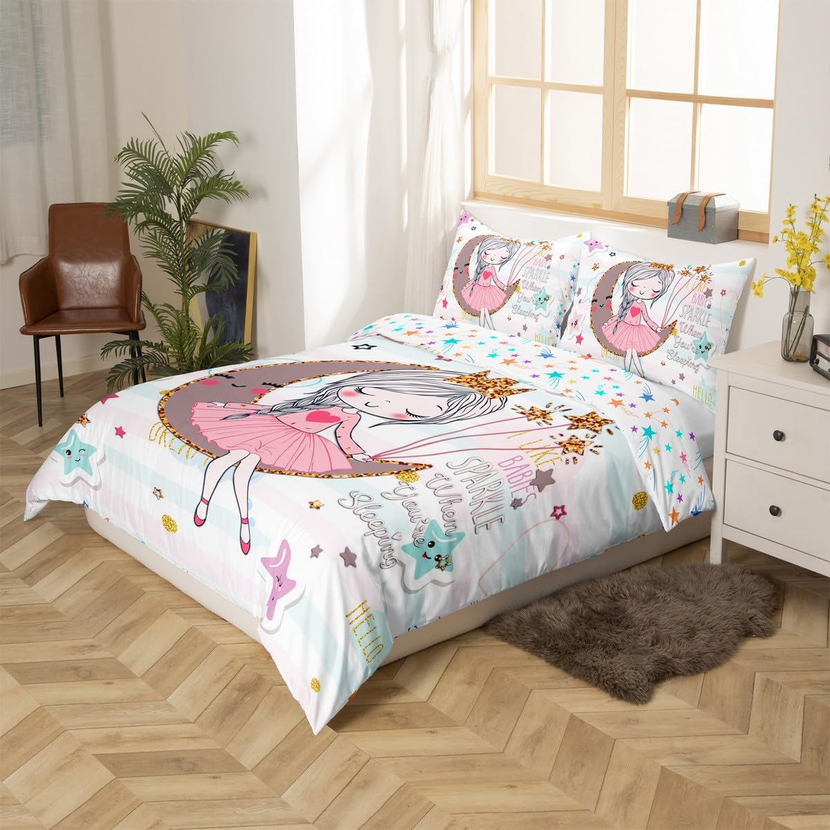 Girls Ballet Princess Comforter Set Twin - Pink Blue Stripe, Moon & Stars, With 1 Pillowcase - View #7