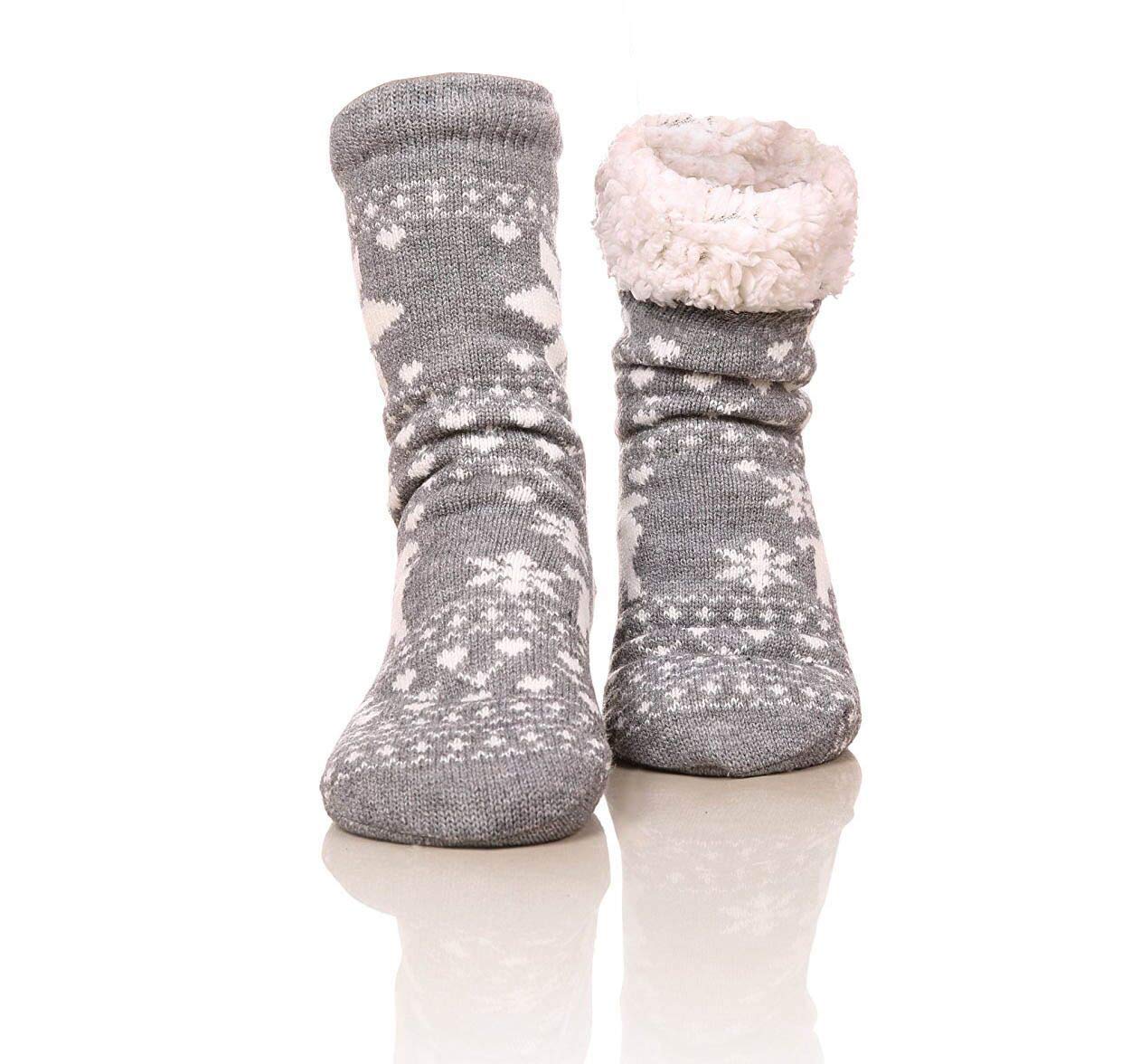 Fuzzy Warm Slipper Socks Women Winter floor Socks Super Soft lined with Grippers reading Socks Cozy Sleeping Reindeer Socks, Grey, One size