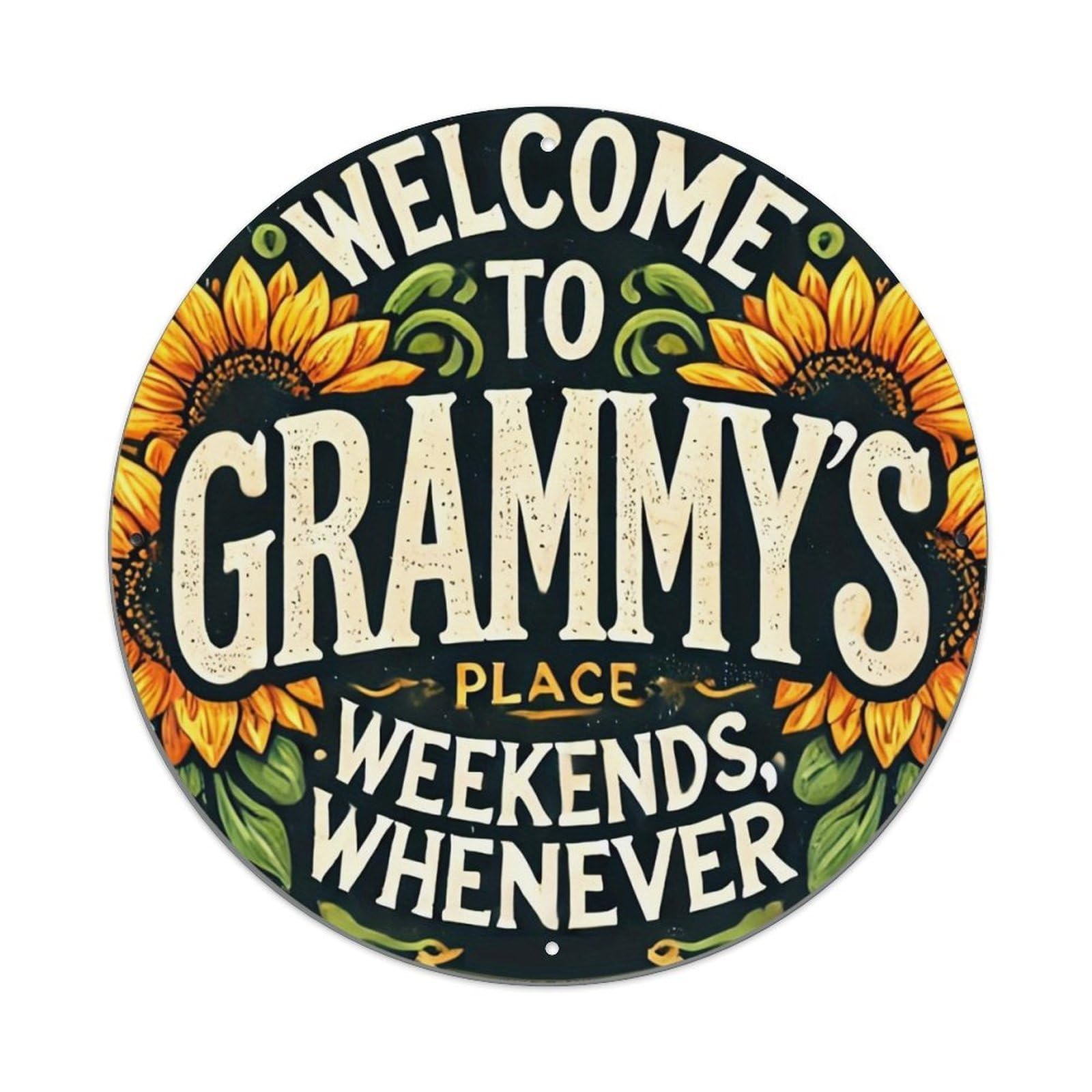 Jdyaojiesheng Vintage Sunflower Welcome Grammy Place Weekends Whenever Round Tin Sign Retro Metal Wall Decor Metal Poster, Home Bar Garage Farmhouse Cafe Wall Art Decoration 8X8inch