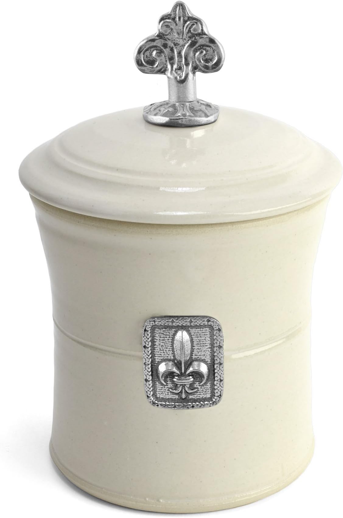 Oregon Stoneware Studio Fleur de Lys Garlic Pot with Pewter Finial, Whipping Cream