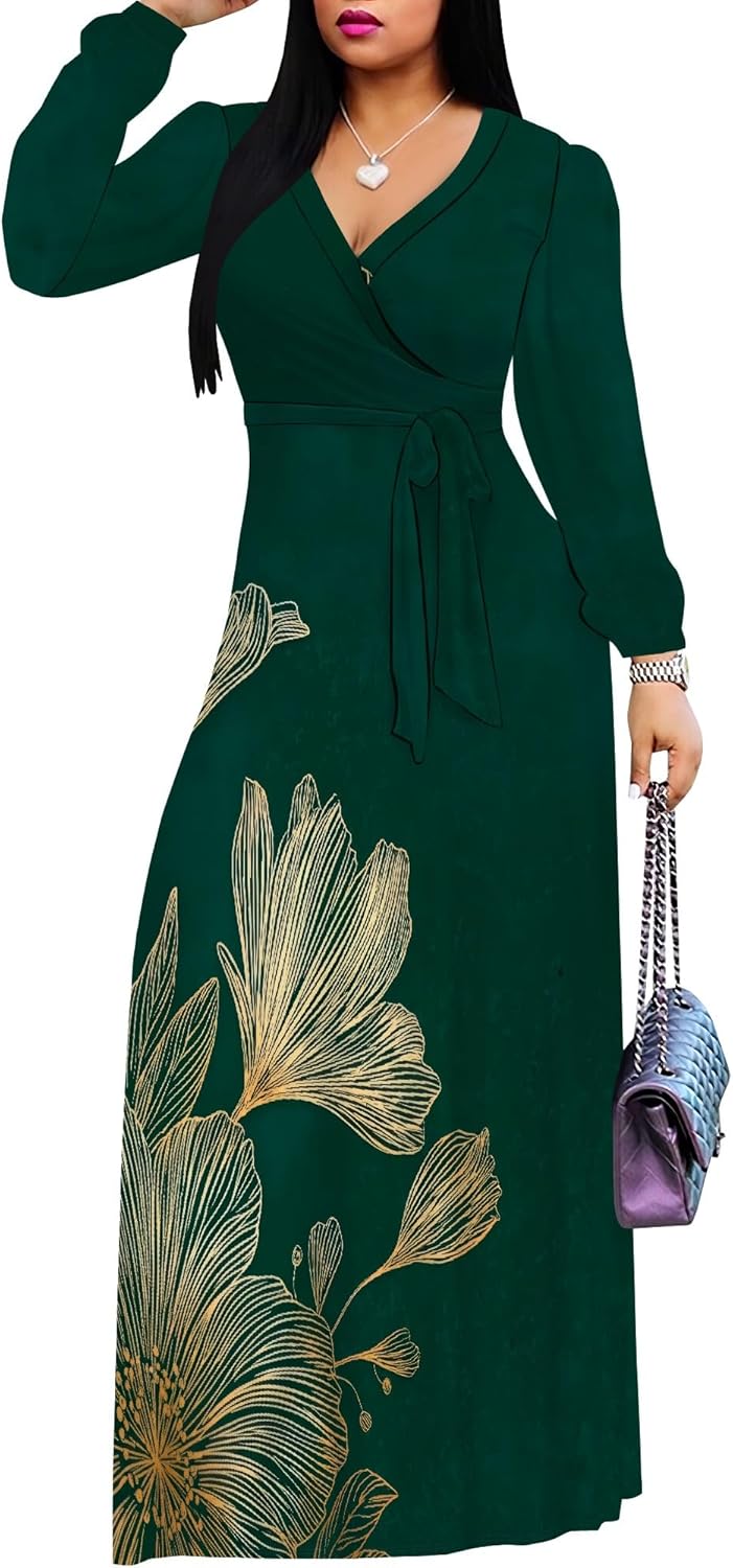 PinkPatty Women's Long Sleeve Maxi Dress Plus Size Casual V Neck Wrap Dress with Pockets&Belt XL - Image 2