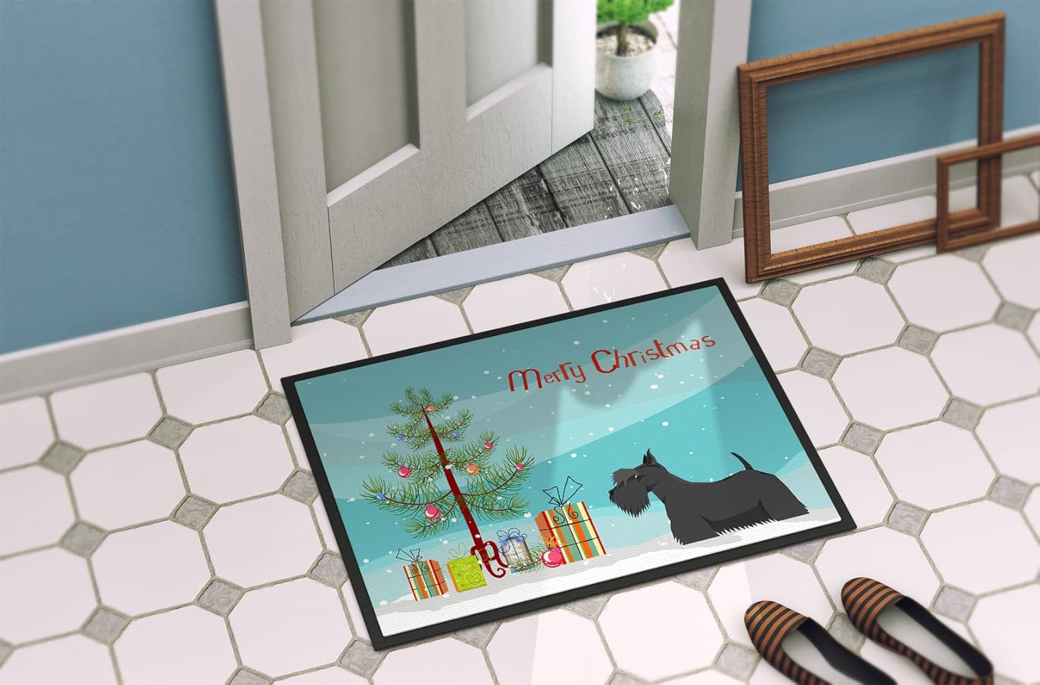 Caroline's Treasures CK3560MAT Scottish Terrier Christmas Tree Doormat 18x27 Front Door Mat Indoor Outdoor Rugs for Entryway, Non Slip Washable Low Pile, 18H X 27W