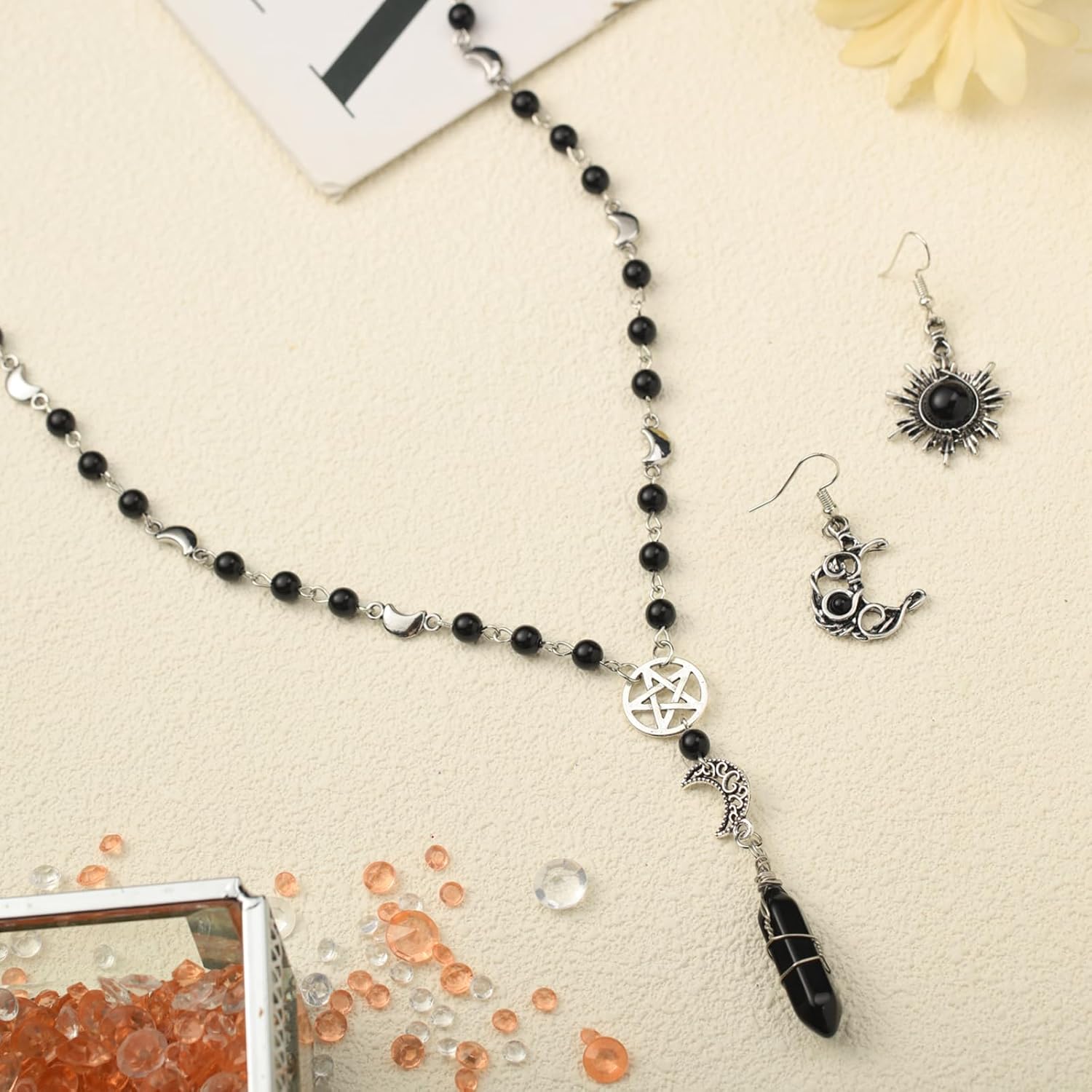 3 Pcs Gothic Sun and Moon Jewelry Witch Jewelry Set Boho Head Chain Multilayer Star Choker Crystal Earrings for Women Halloween Cosplay - Image 6