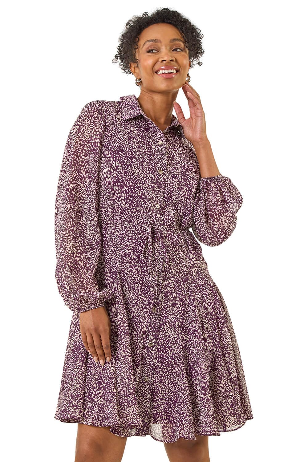 Roman Petite Abstract Spot Godet Dress for Women UK - Ladies Everyday Autumn Winter Round Neckline Comfy Soft Evening Vacation Work Party Night Out - Petite Plum - Size 18