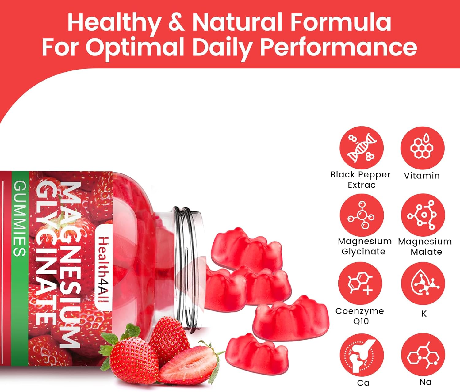 Magnesium Glycinate Gummies 1000mg, High Absorption Sugar Free Magnesium Potassium Supplement for Relaxation, Stress Relief, and Sleep Support for Adults & Kids - 180 Strawberry Gummies